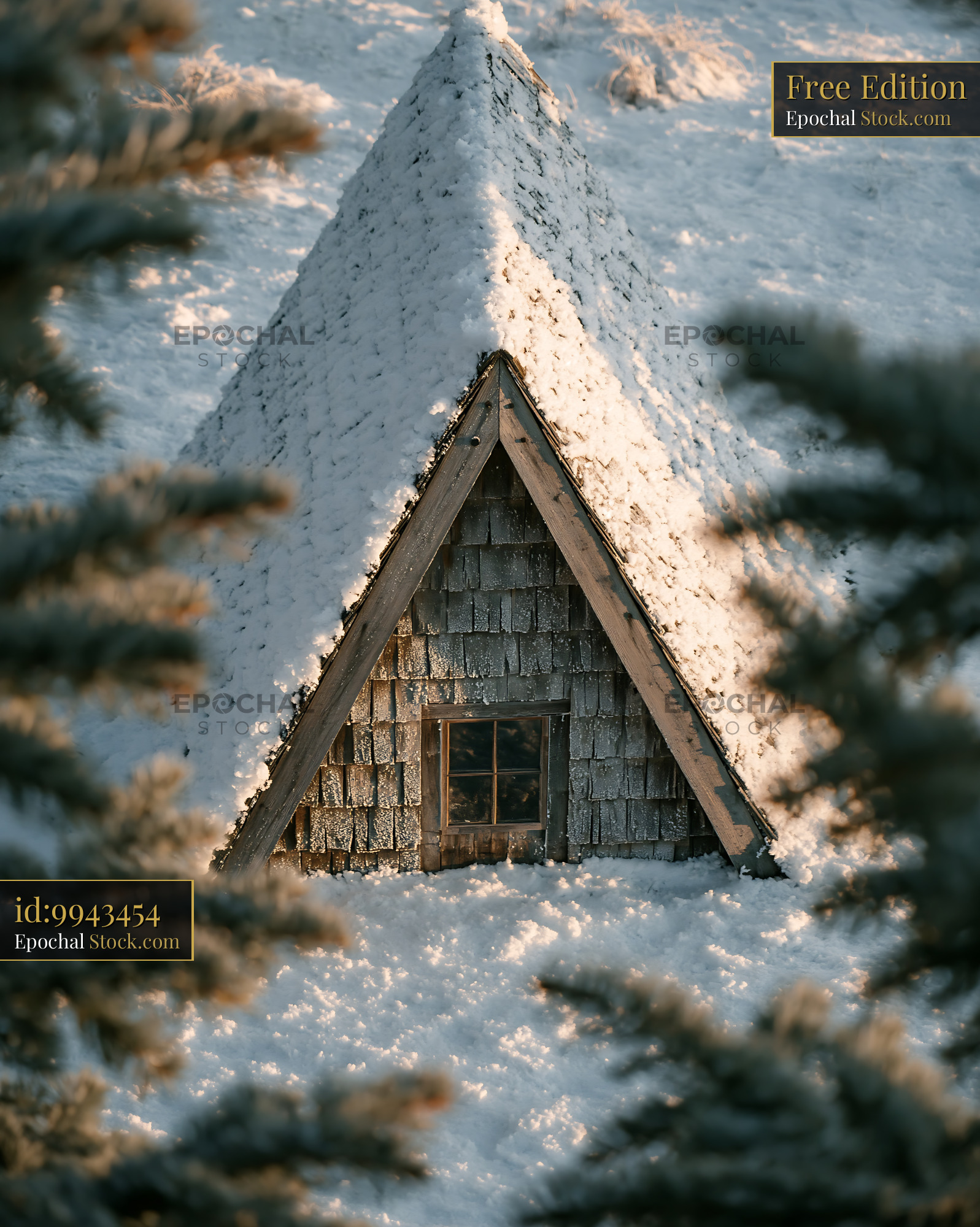 Small wooden A-frame cabin buried in deep winter snow - stock photo