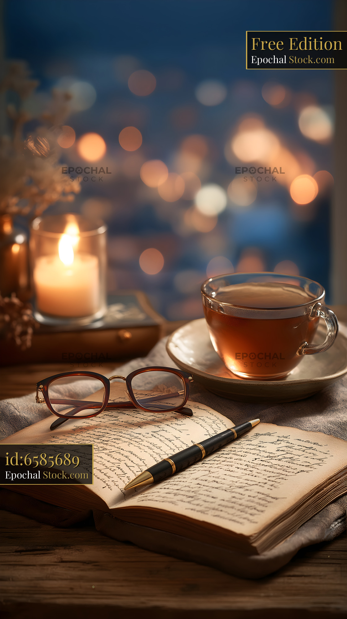 Cozy reading corner with tea and a lit candle at night Free Premium Stock Photo