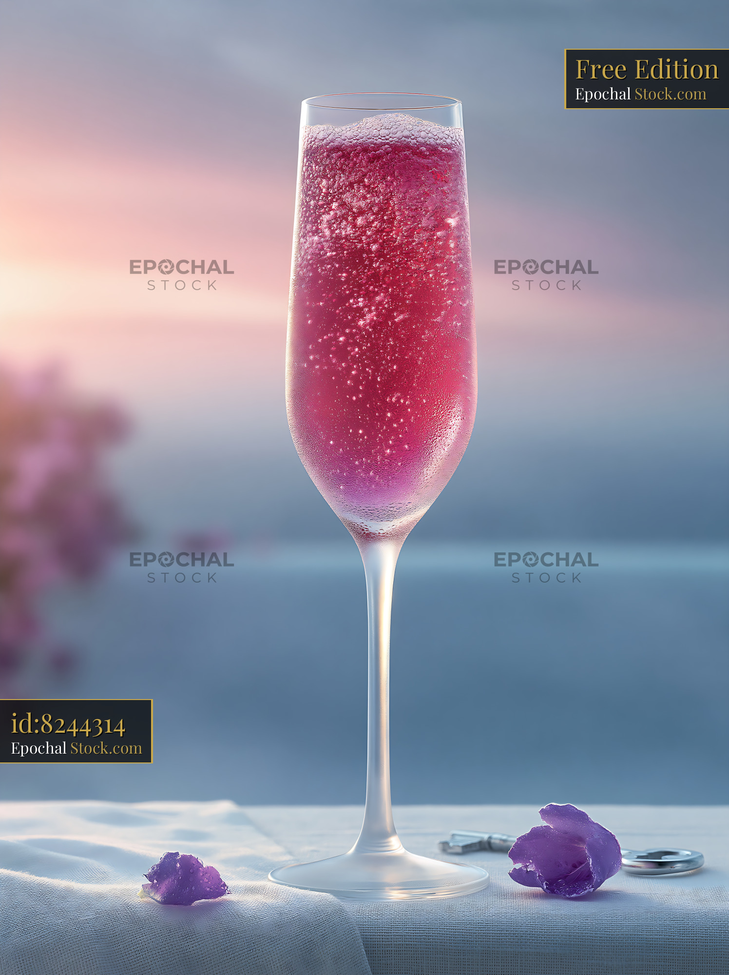 Glass of pink sparkling wine on a terrace at sunset over the sea - stock photo