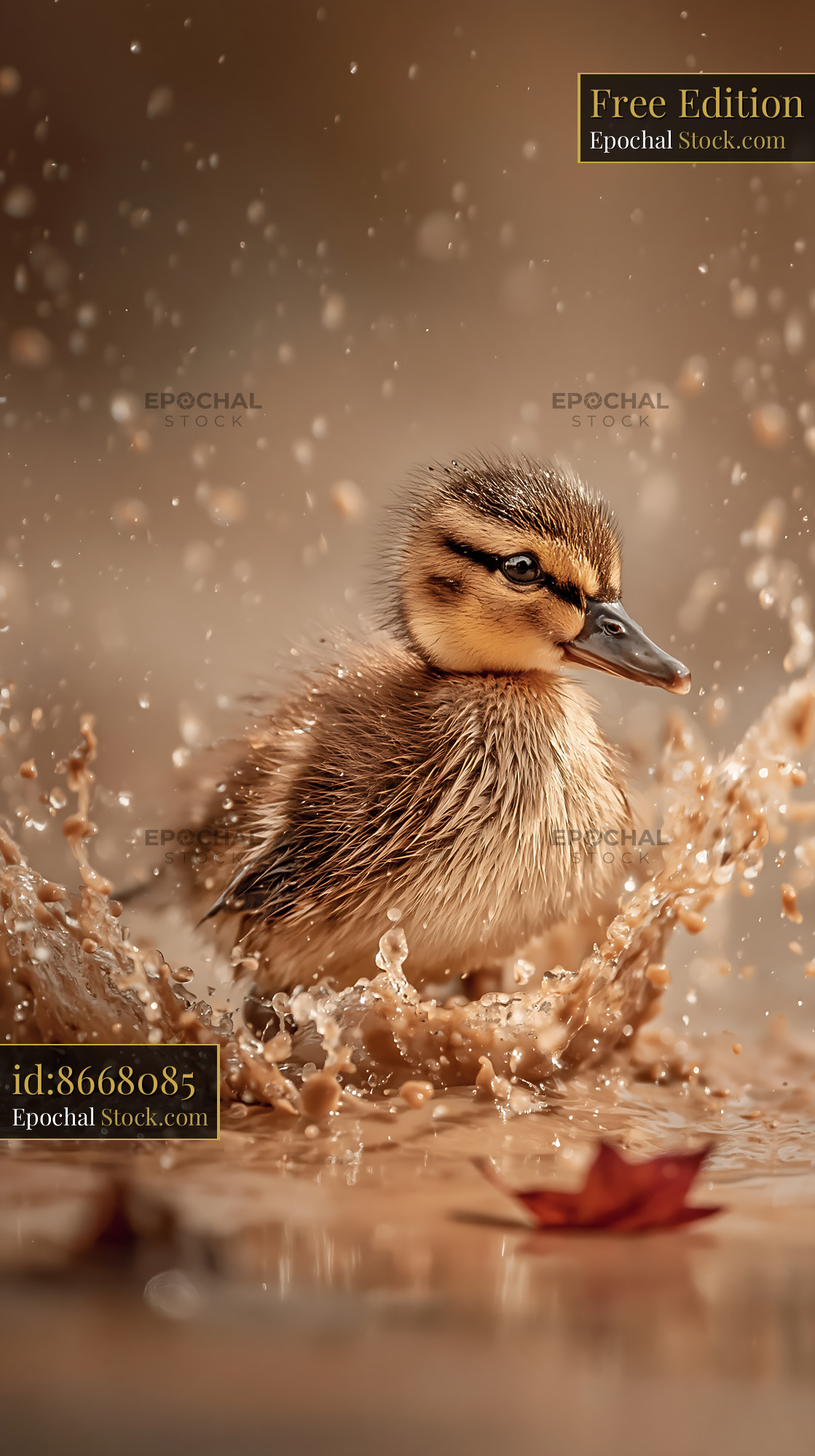 Small duckling splashing in muddy water during a rain shower - stock photo