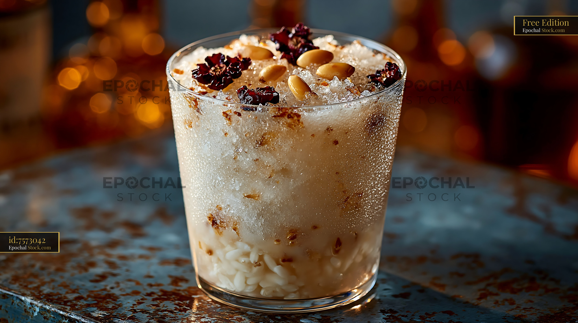 Traditional Korean sikhye rice smoothie with pine nuts and jujube - stock photo
