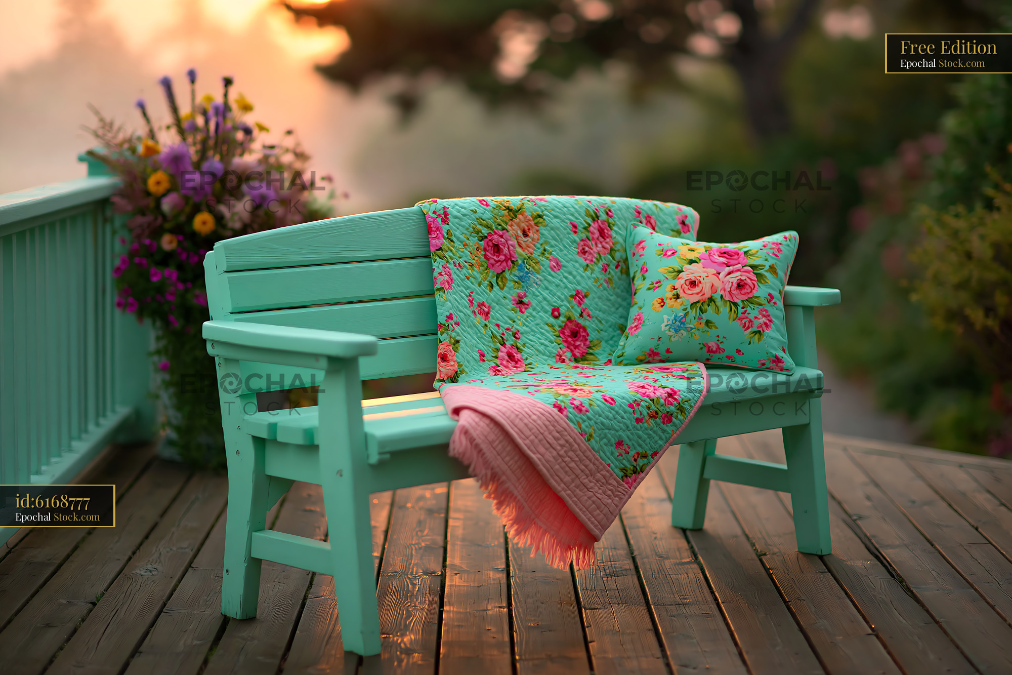 Mint green wooden balcony bench with floral throw at sunset - stock photo