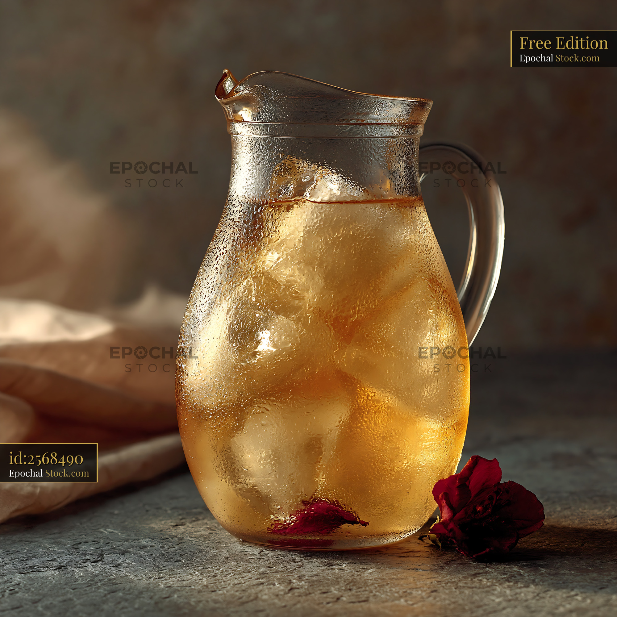 Glass lemonade pitcher ice cubes on rustic stone surface - stock photo