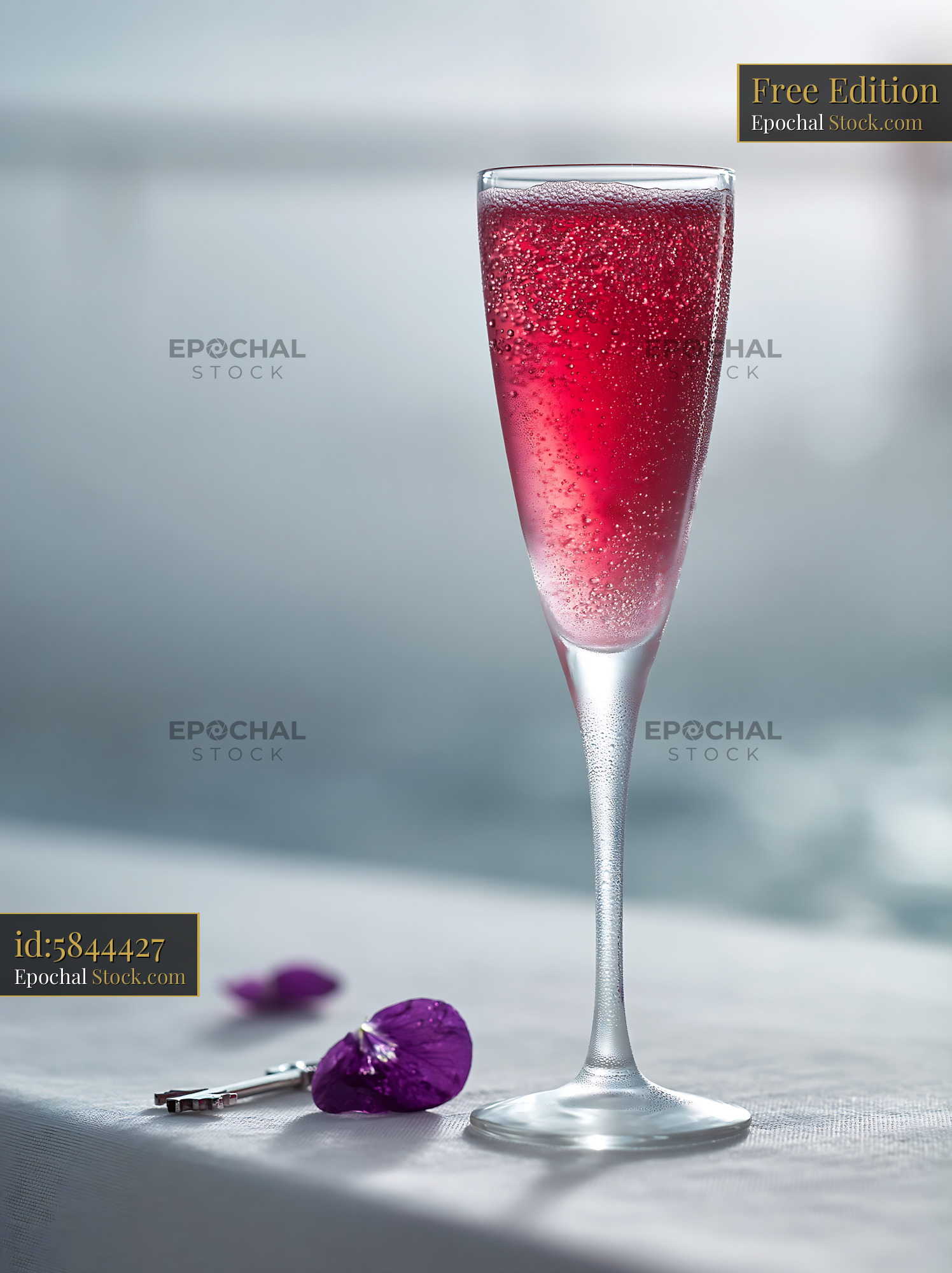 Glass of pink sparkling wine on a sunset terrace with a silver key - stock photo