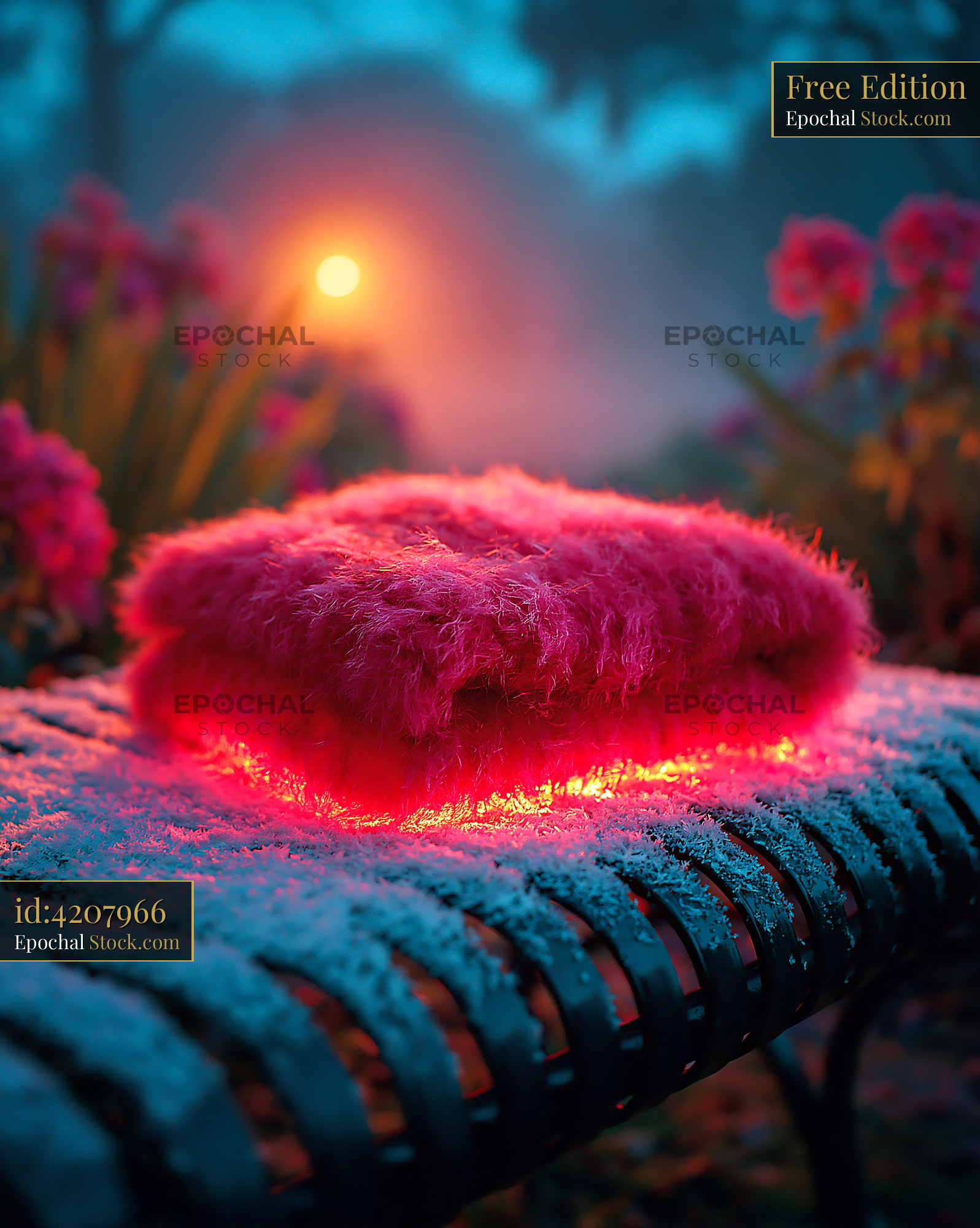 Pink fluffy throw on frosted park bench at sunset in a misty garden - stock photo