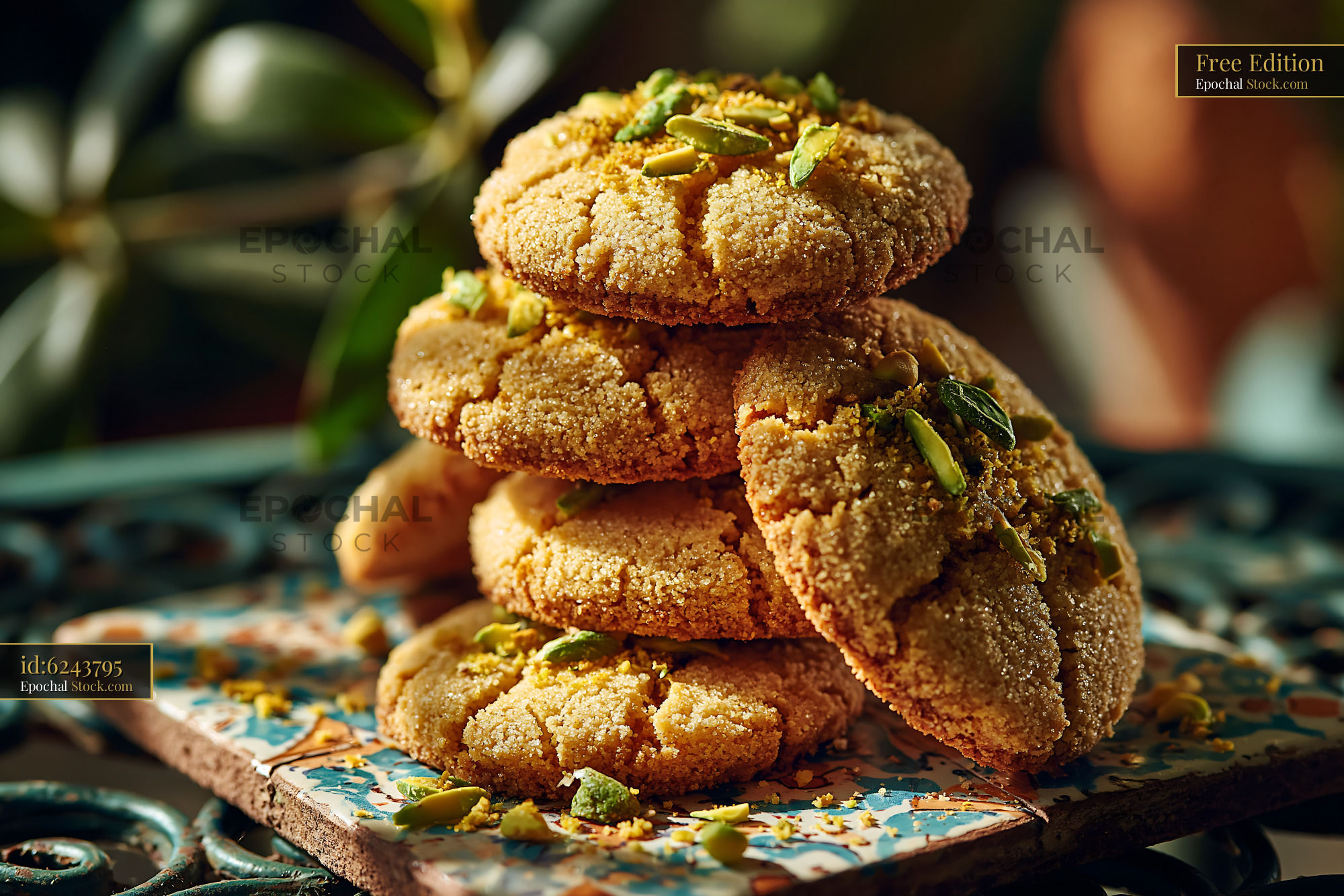Stack of cardamom chickpea biscuits with pistachios on a tile - stock photo