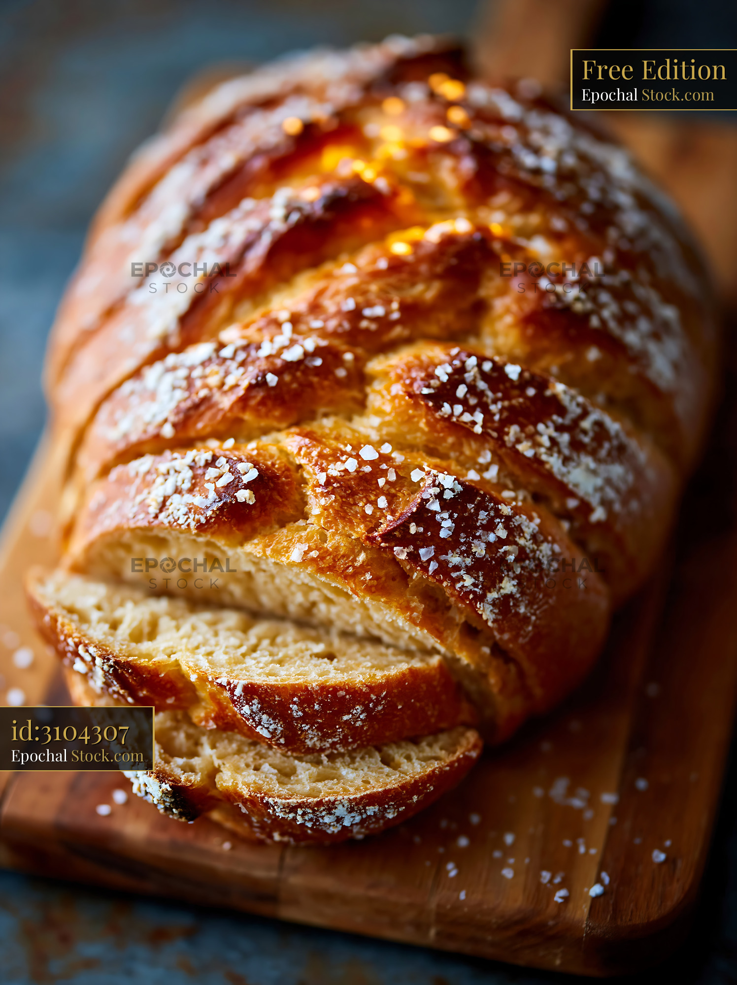 Sliced salt rising german bread with golden crust on wooden board - stock photo