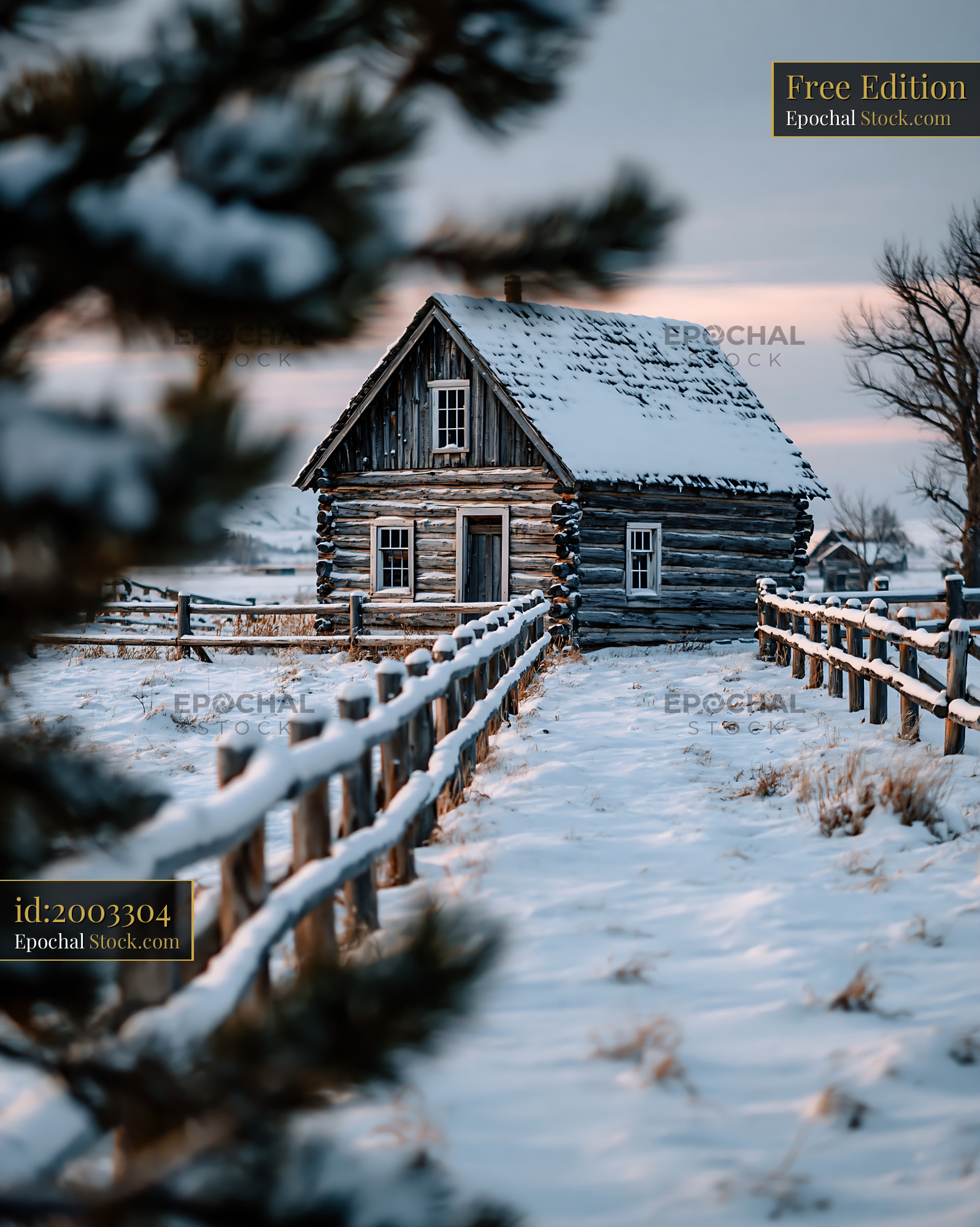 Rustic log cabin covered in snow during a quiet winter twilight - stock photo