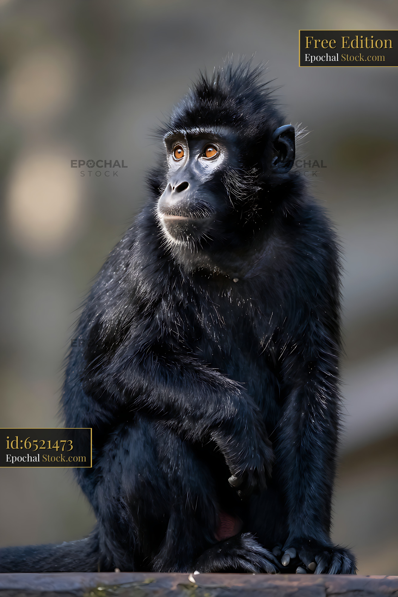 Black crested macaque with amber eyes looking away in nature - stock photo