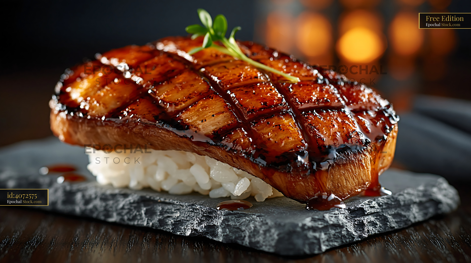King oyster mushroom sushi nigiri with a rich glaze on slate - stock photo