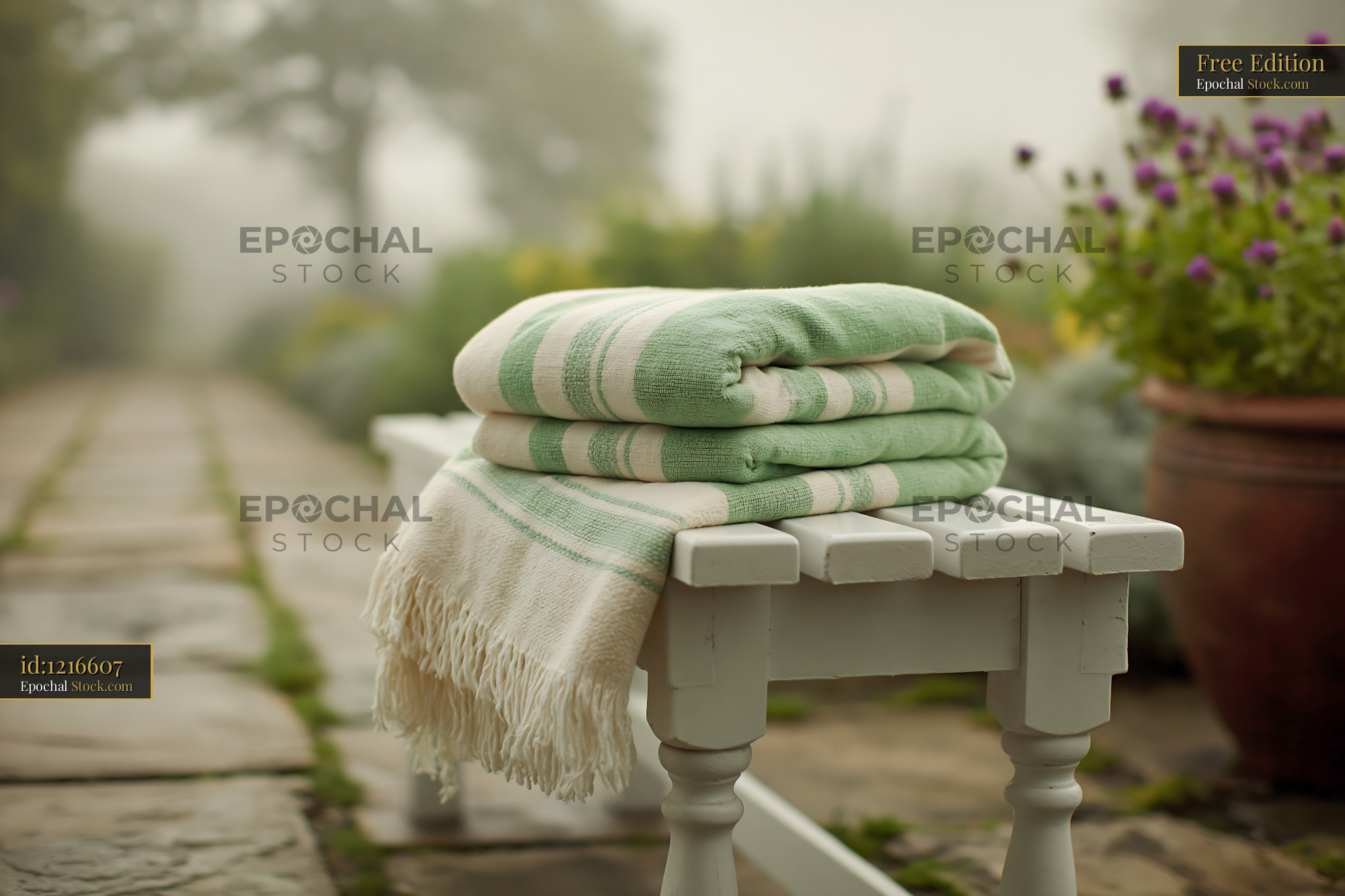 Striped throw on bench in a misty morning garden - stock photo