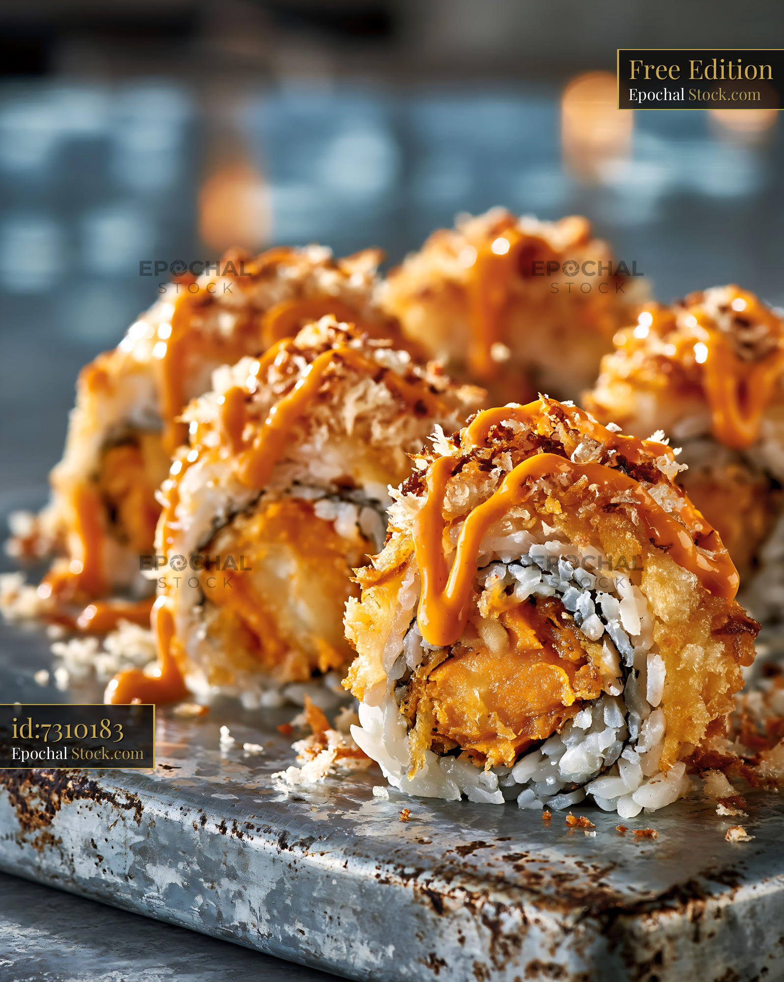 Crispy sweet potato crunch sushi rolls with spicy mayo drizzle - stock photo