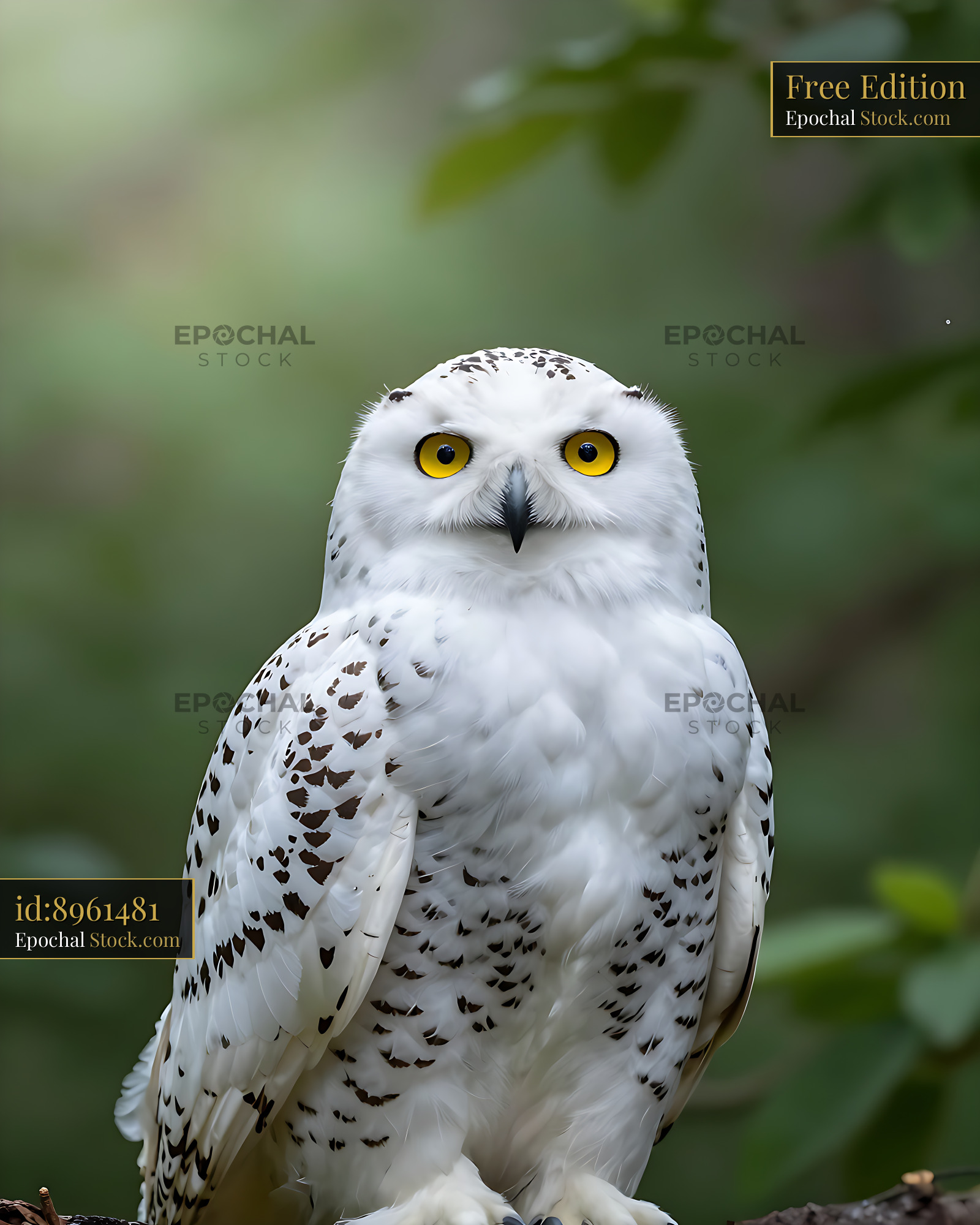 Snowy owl with intense yellow eyes perched against green foliage - stock photo