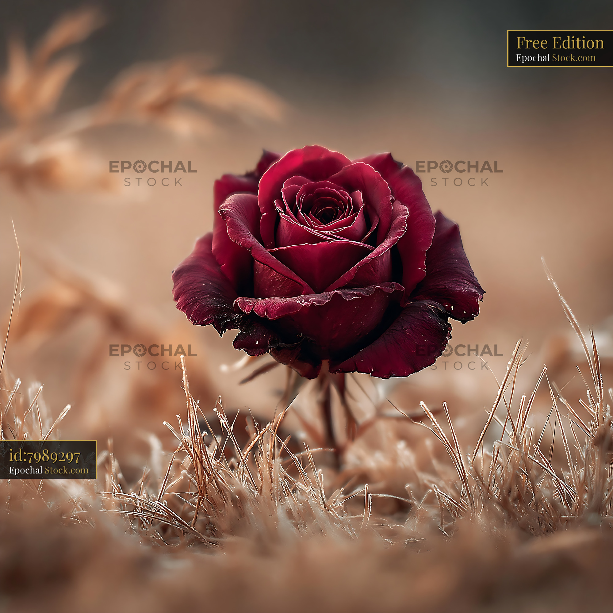 Dark red rose blooming amidst frosted dry grass in late summer - stock photo