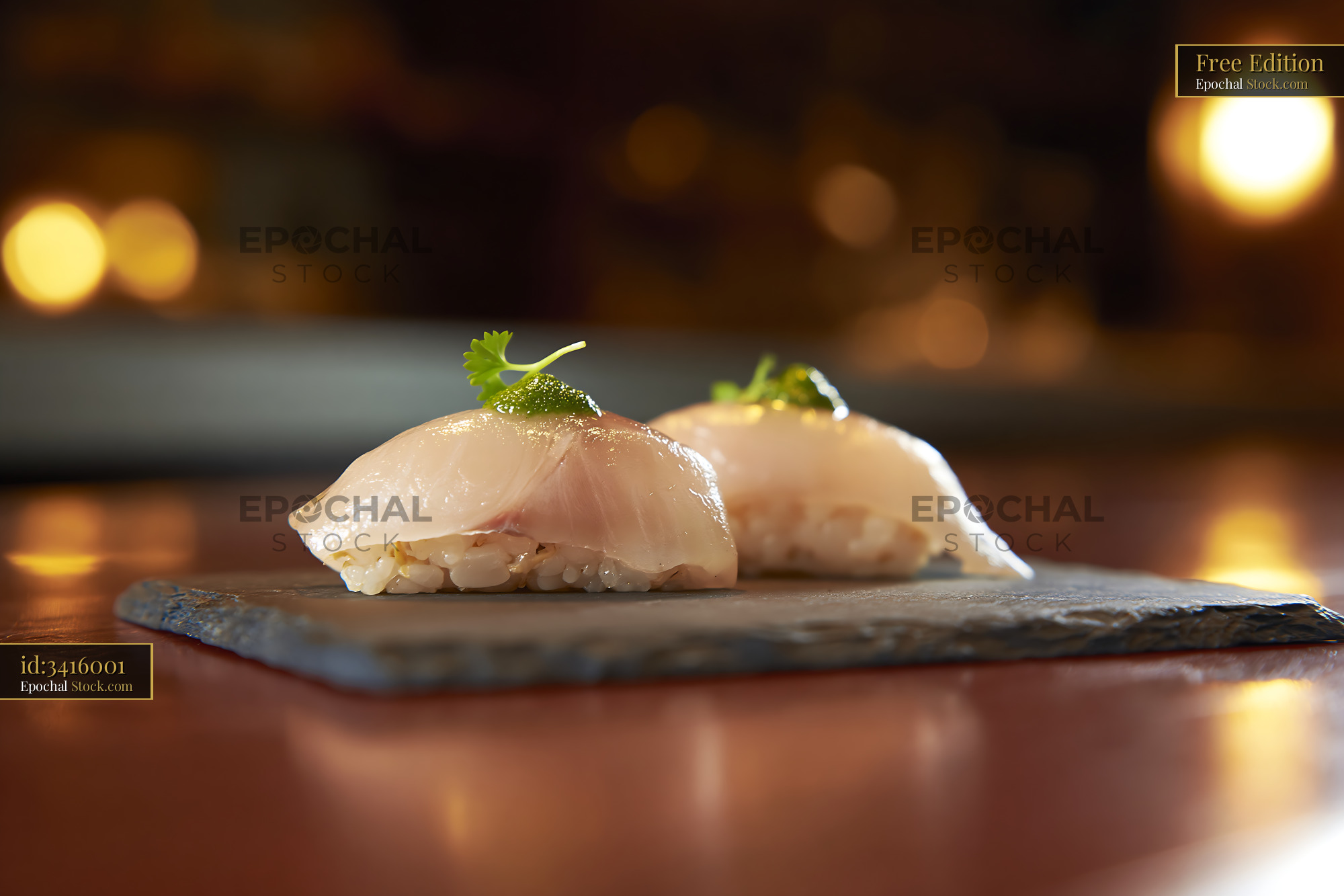 Two pieces of fresh yellowtail nigiri with yuzu kosho on slate plate - stock photo