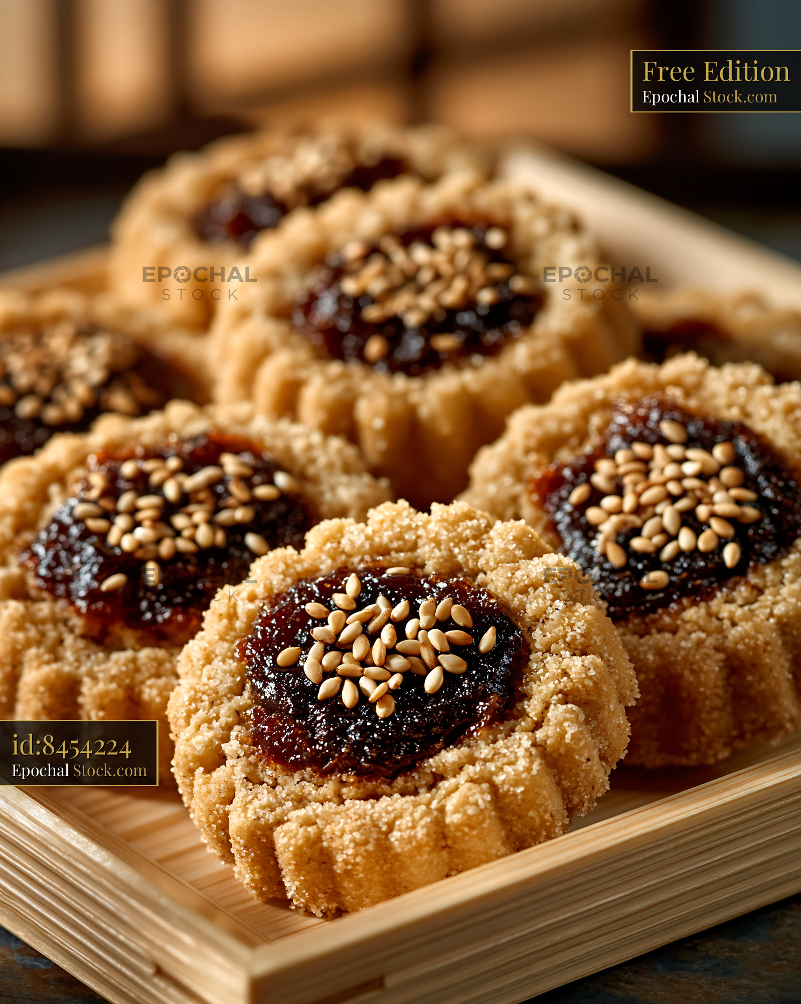 Freshly baked tahini date biscuits topped with sesame seeds - stock photo