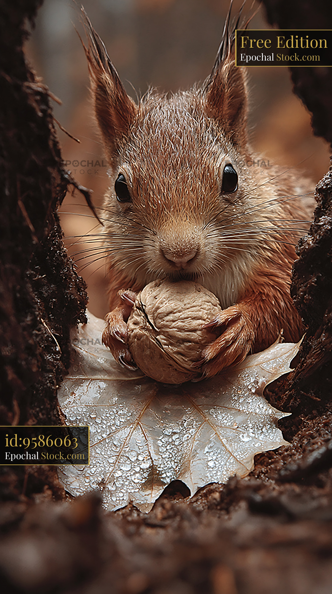Red squirrel holding a large walnut on a wet autumn leaf - stock photo