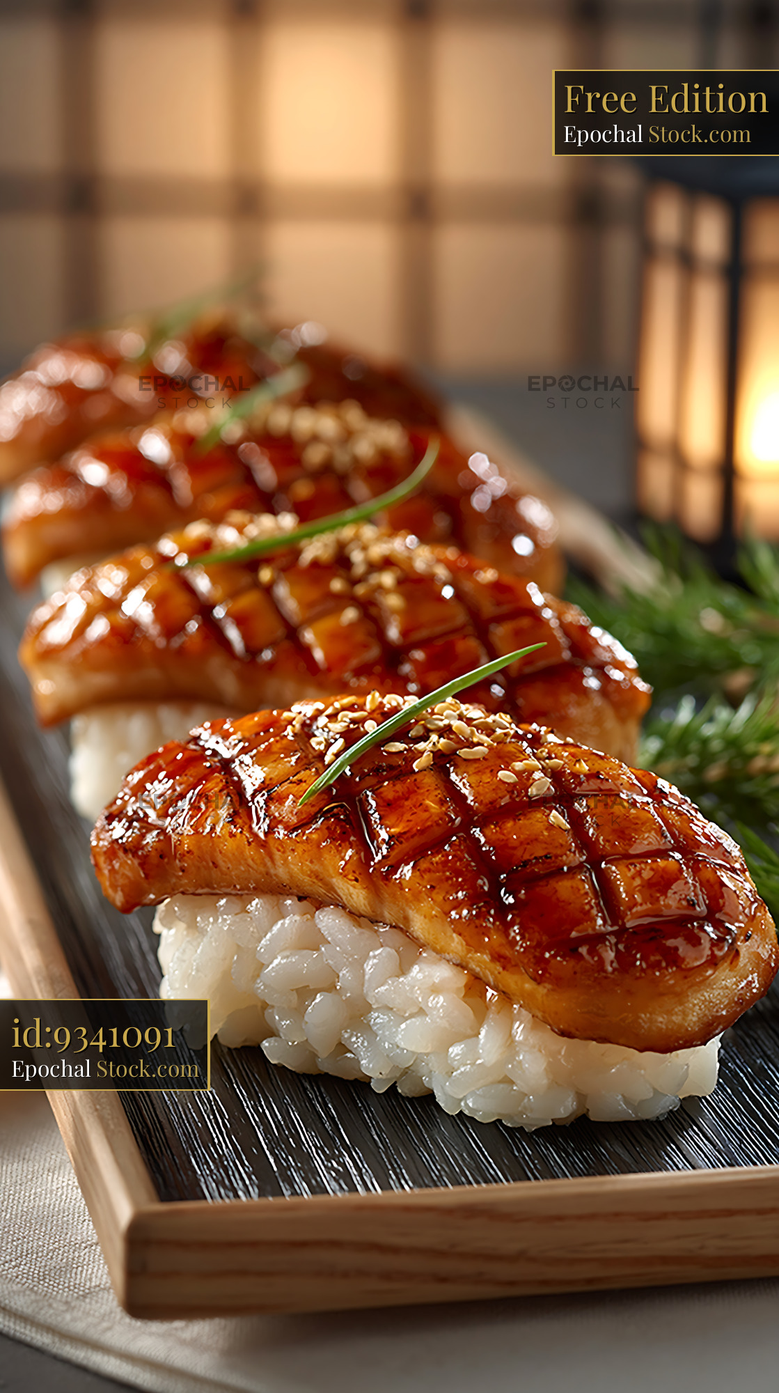 Gourmet king oyster mushroom sushi with glazed grilled mushrooms - stock photo
