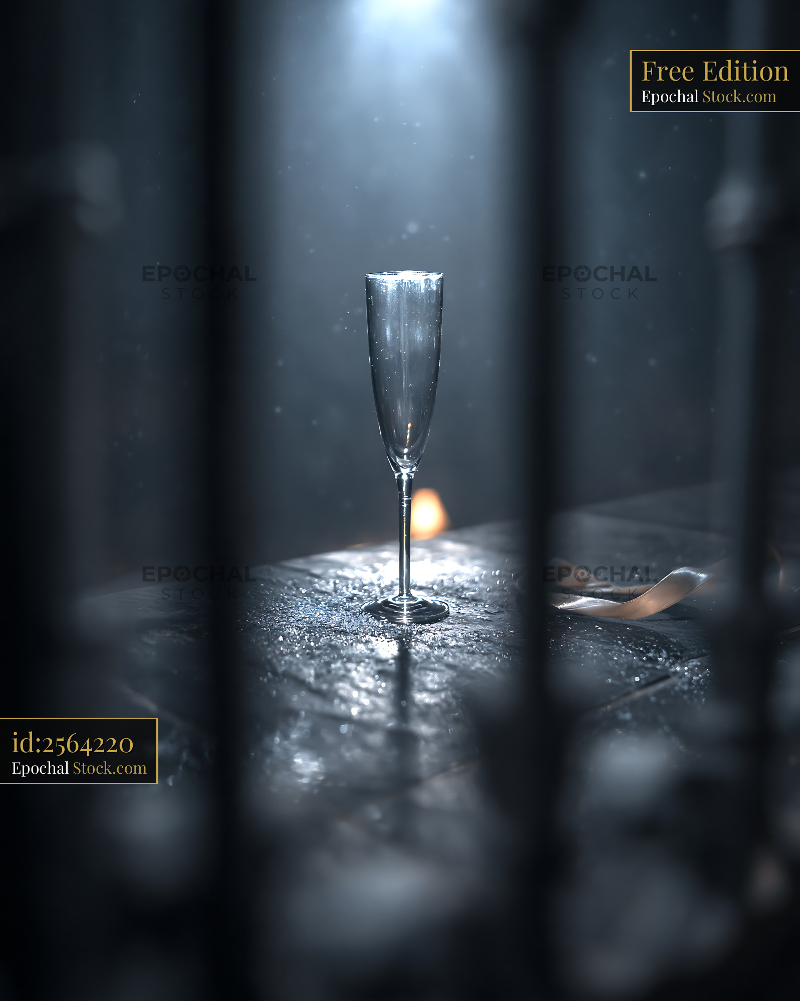 Empty champagne glass behind bars under dramatic spotlight - stock photo
