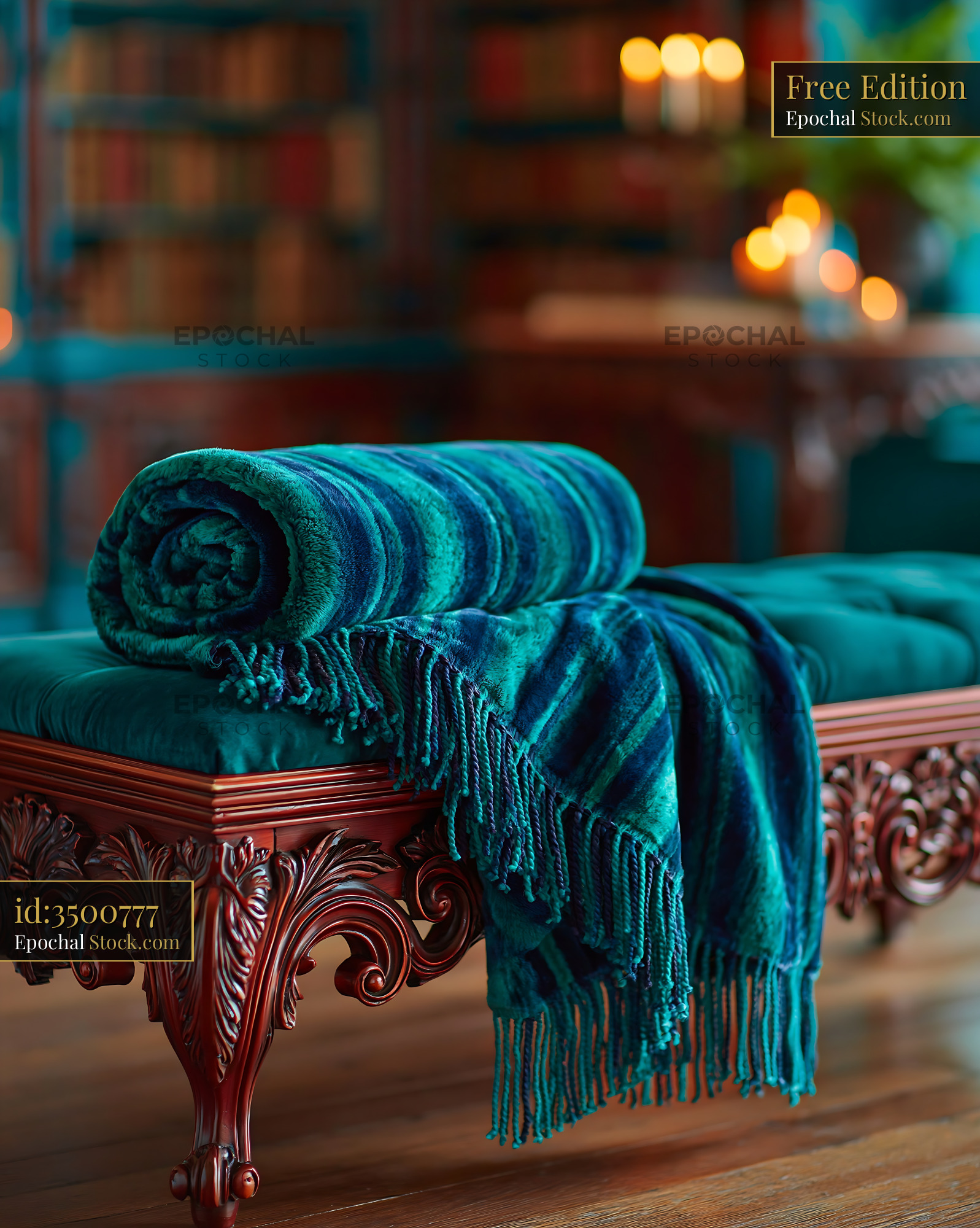 Striped throw on bench in a cozy vintage library setting - stock photo