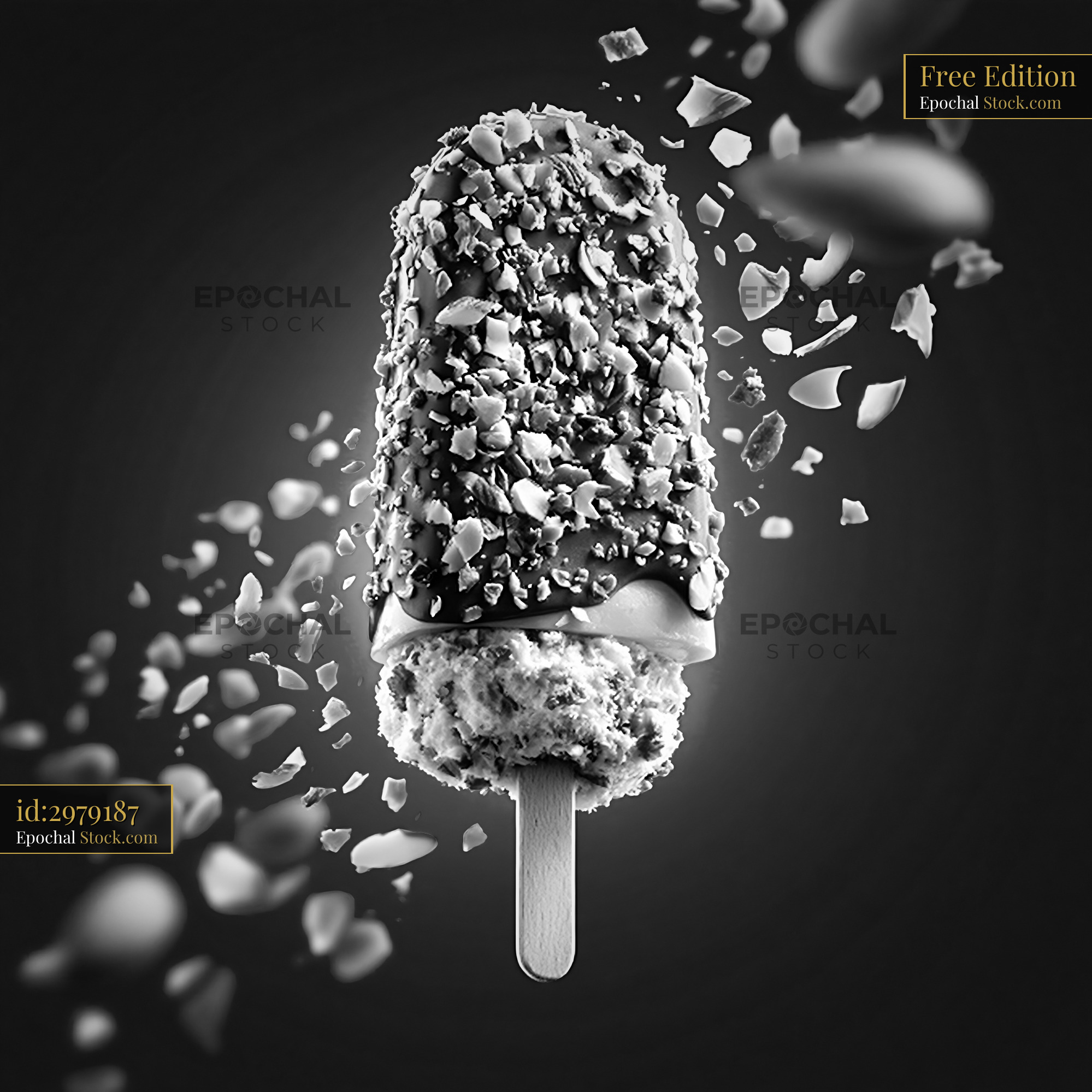 Chocolate coated almond paste ice cream bar with flying nut pieces - stock photo