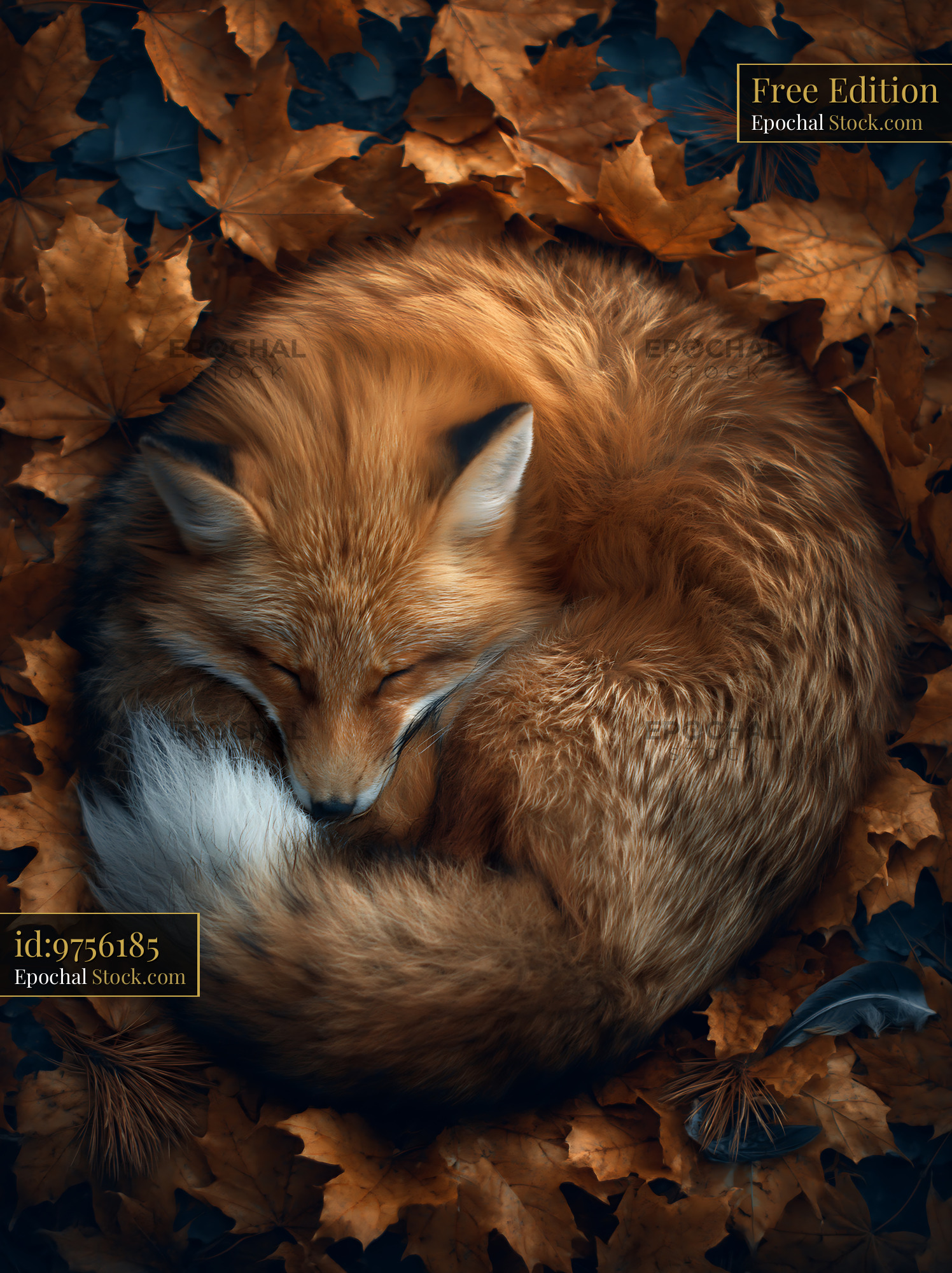 Red fox curled up and sleeping on a bed of autumn leaves in the forest - stock photo