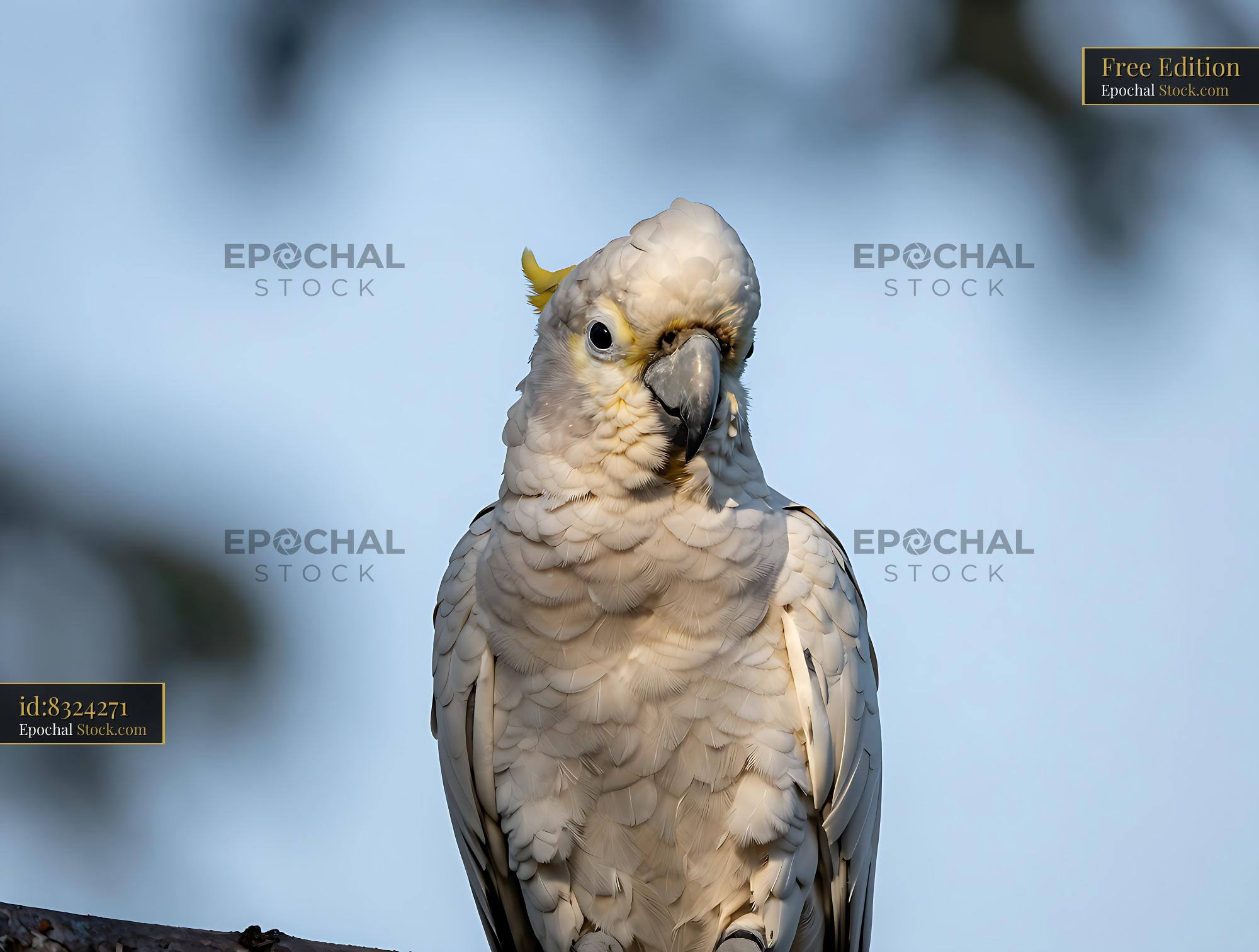 Sulphur-crested cockatoo perched on a branch against a blue sky - stock photo