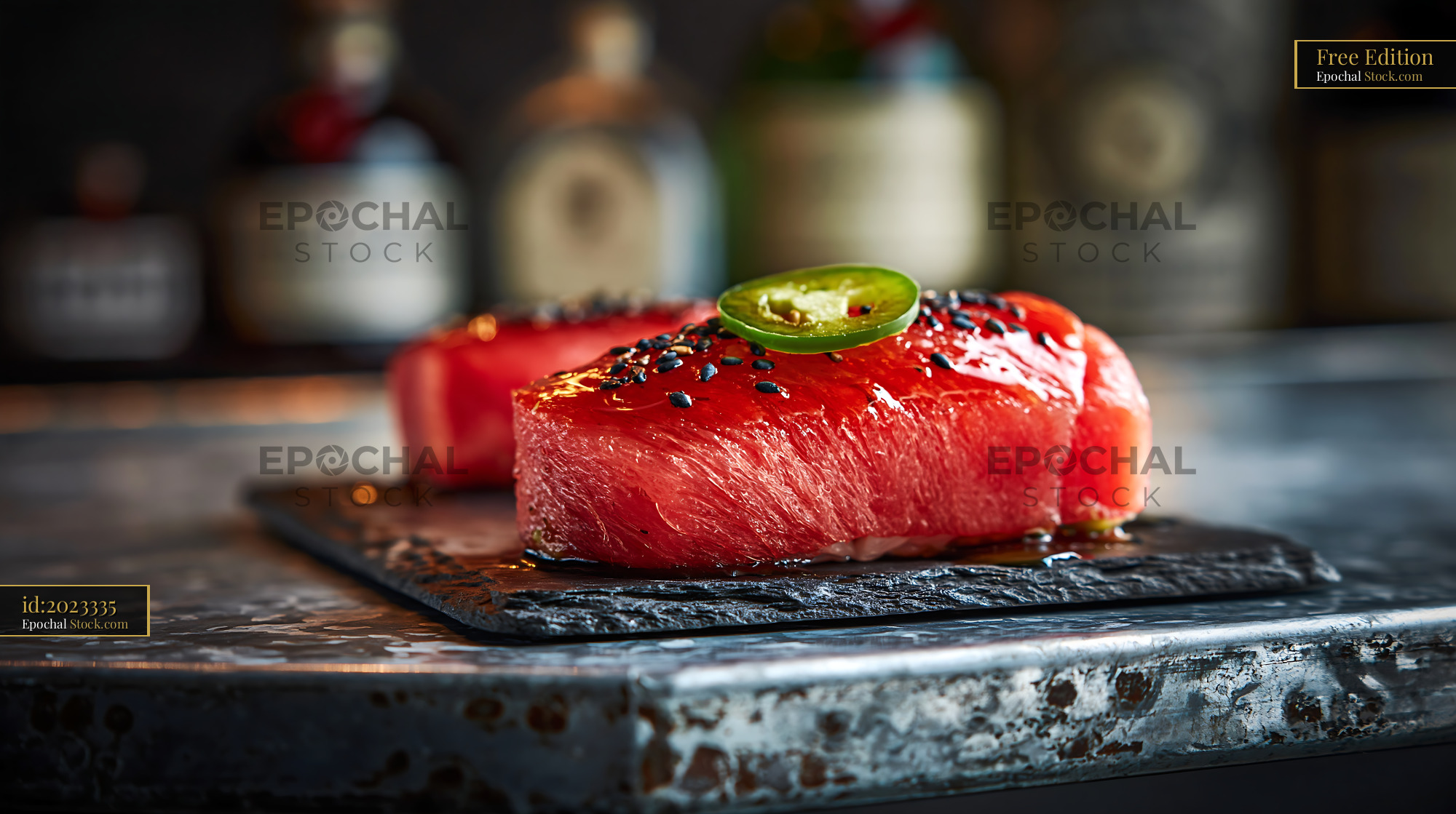Watermelon tuna sushi with jalapeno and sesame on slate board - stock photo