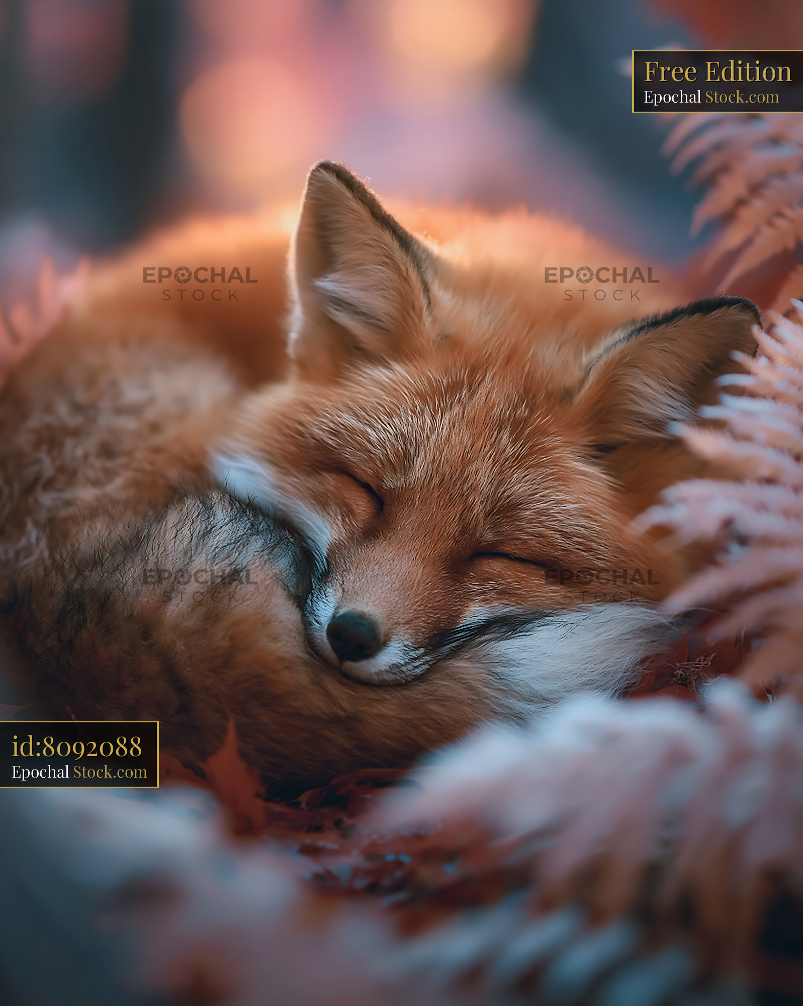 Red fox curled up sleeping in a peaceful autumn forest - stock photo