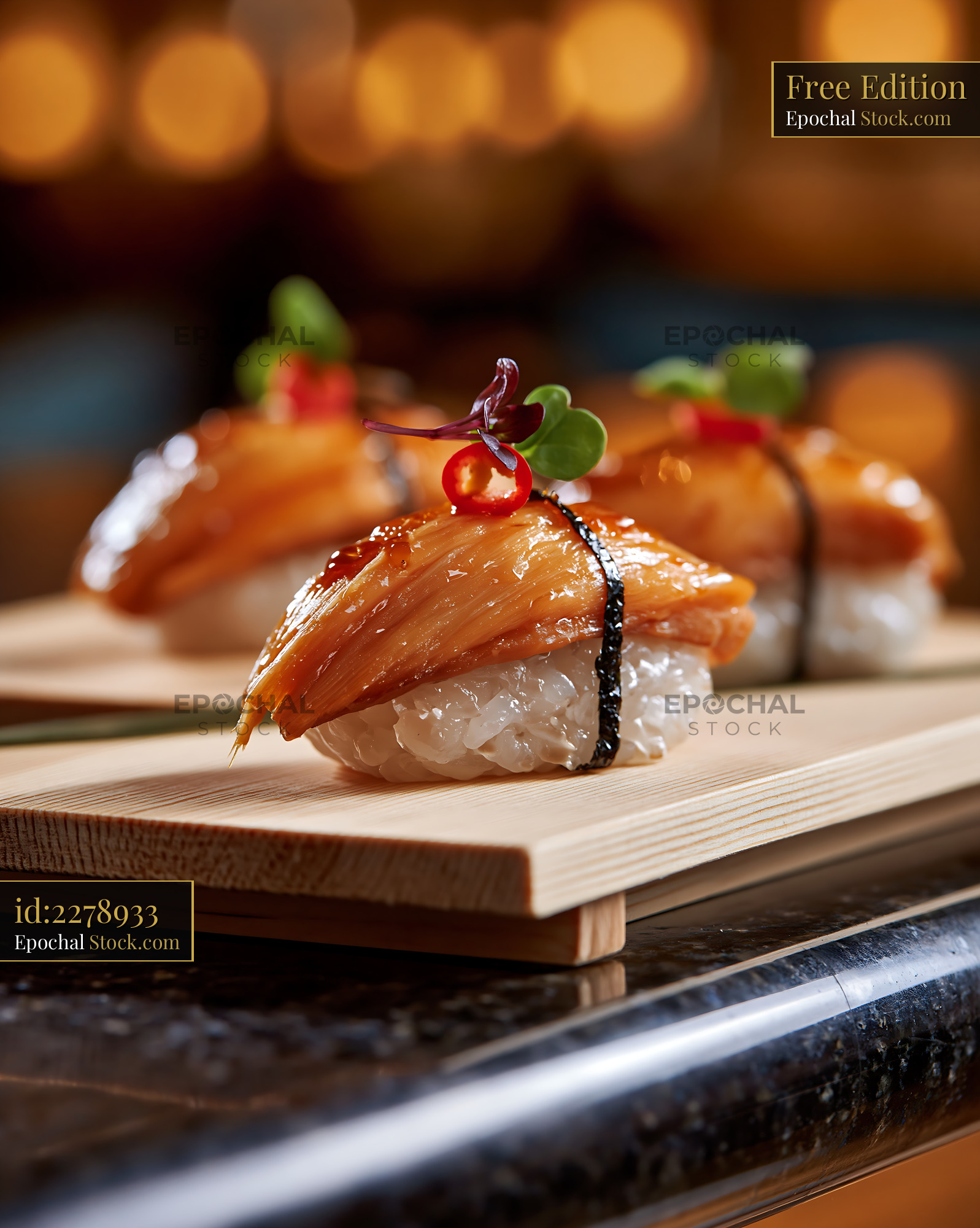 Vegan watermelon tuna sushi nigiri on a wooden serving board - stock photo