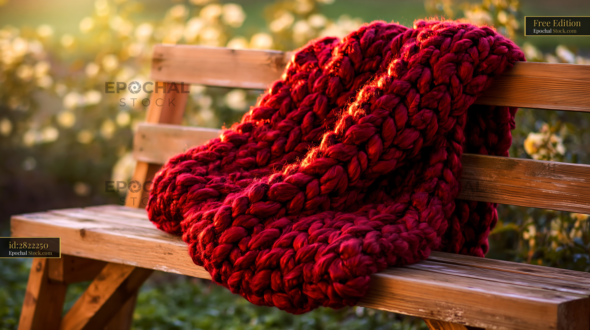 Red chunky knit throw on wooden bench in garden at sunset - stock photo
