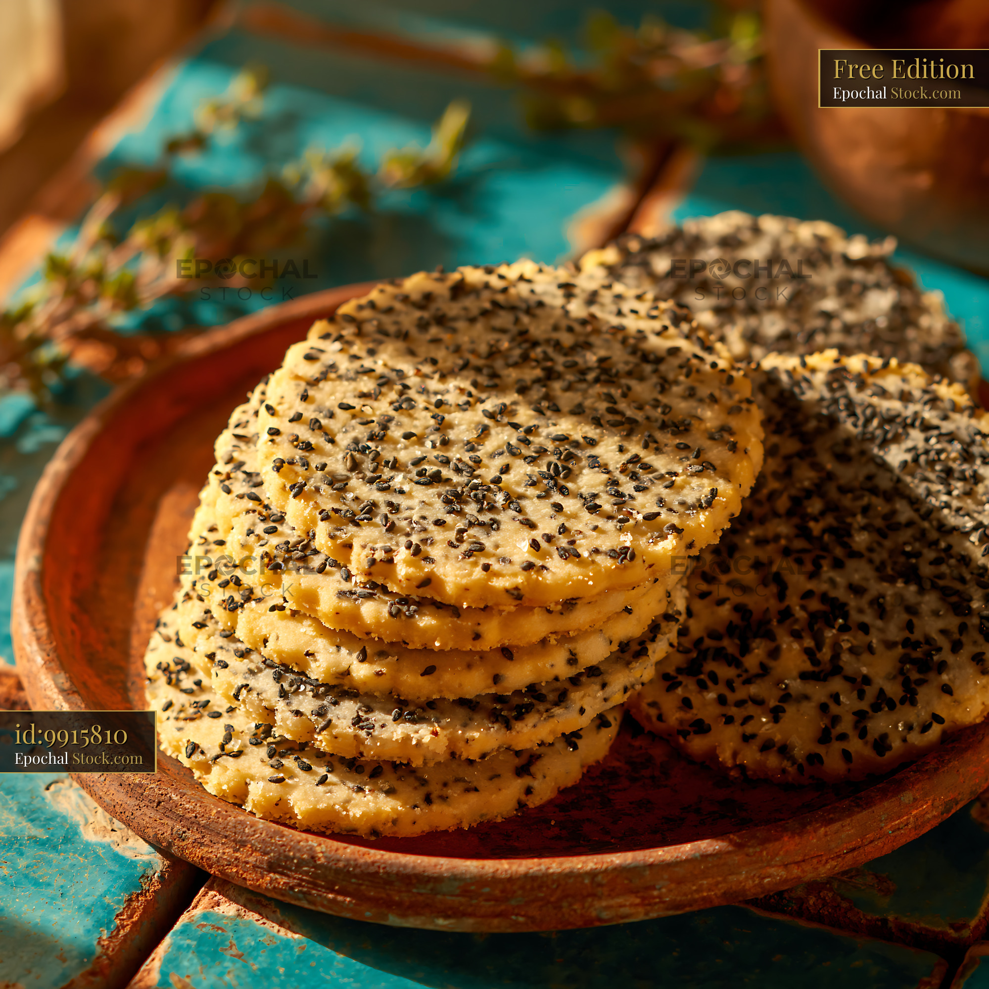 Nigella seed biscuits stacked on a rustic clay plate in golden light - stock photo