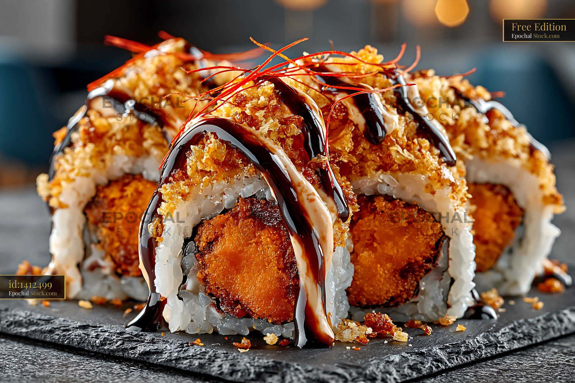 Gourmet sweet potato crunch sushi rolls with unagi sauce and spicy may - stock photo