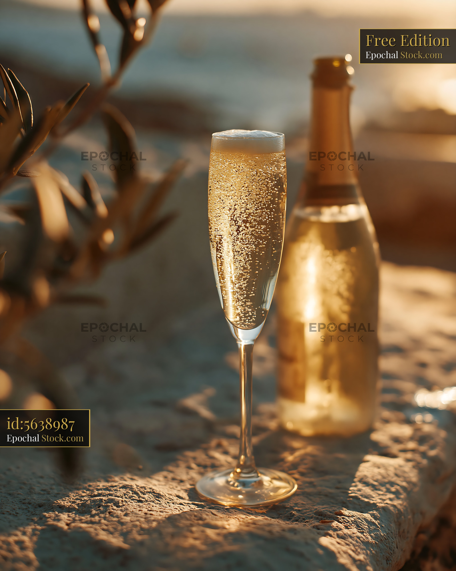 Sparkling wine glass on a Mediterranean stone terrace at sunset - stock photo
