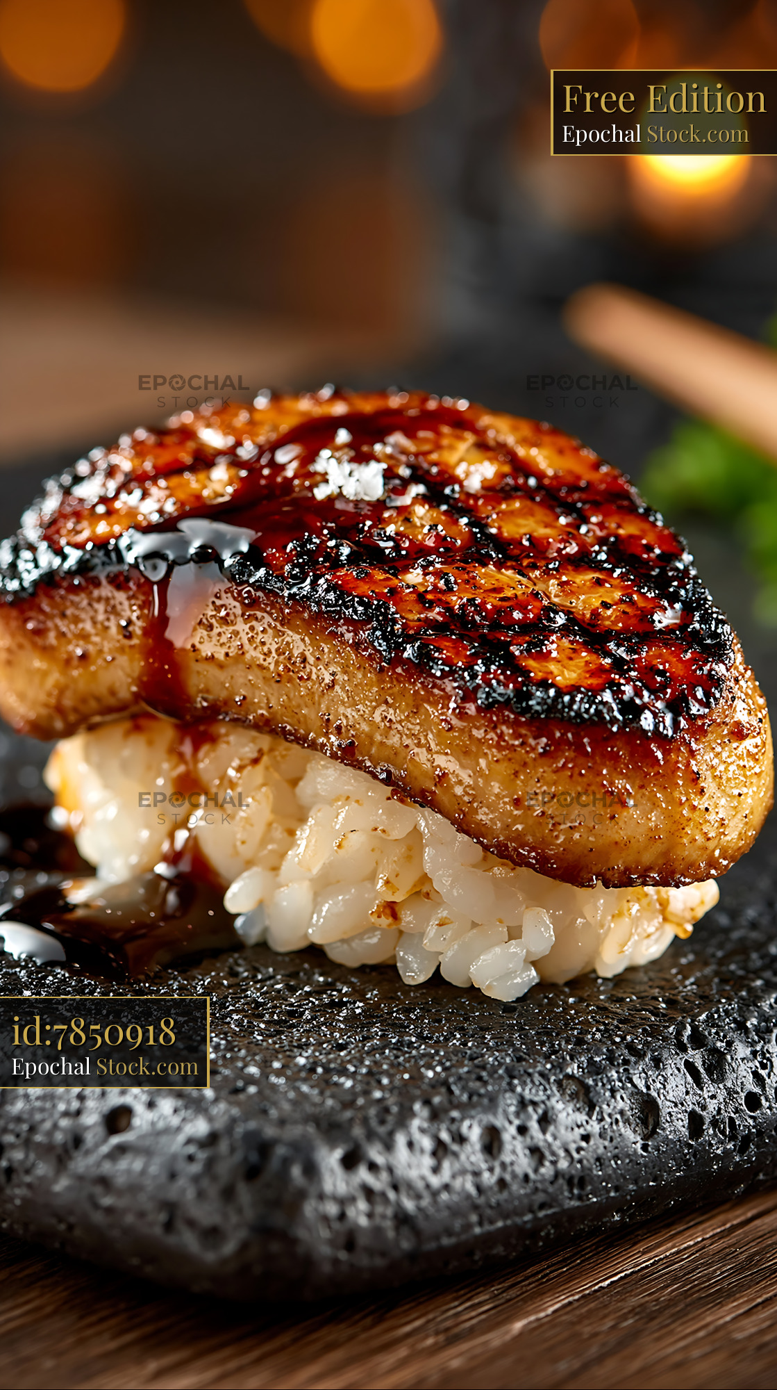 Seared foie gras nigiri sushi with balsamic glaze on volcanic stone - stock photo