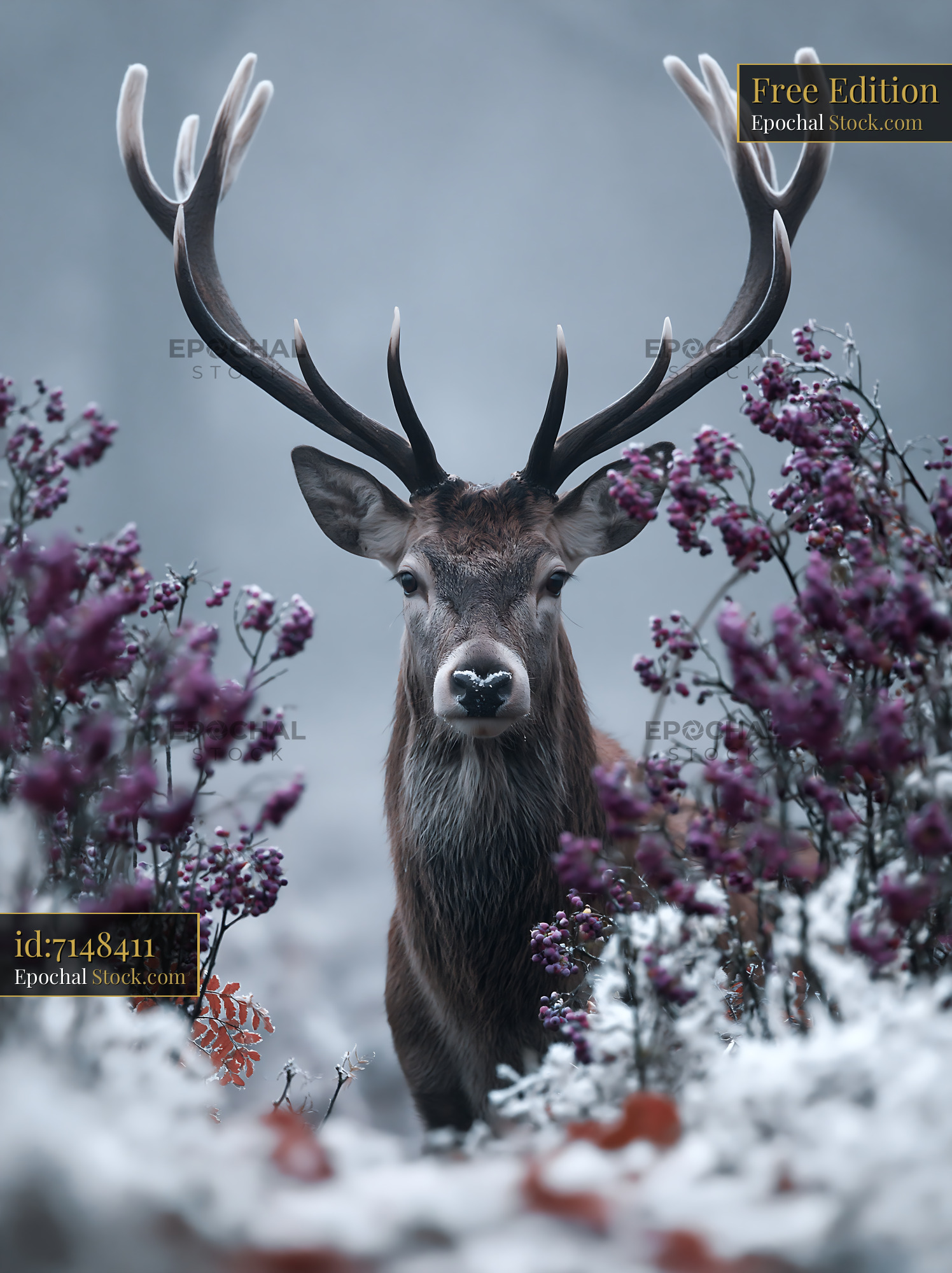 Majestic red deer stag in misty winter woods with purple berries - stock photo