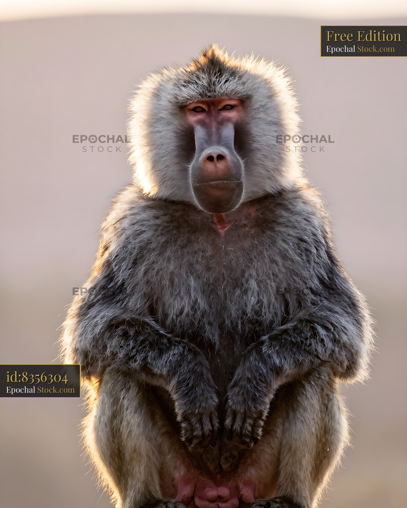 Chacma baboon sitting in golden backlight on the African savannah - stock photo