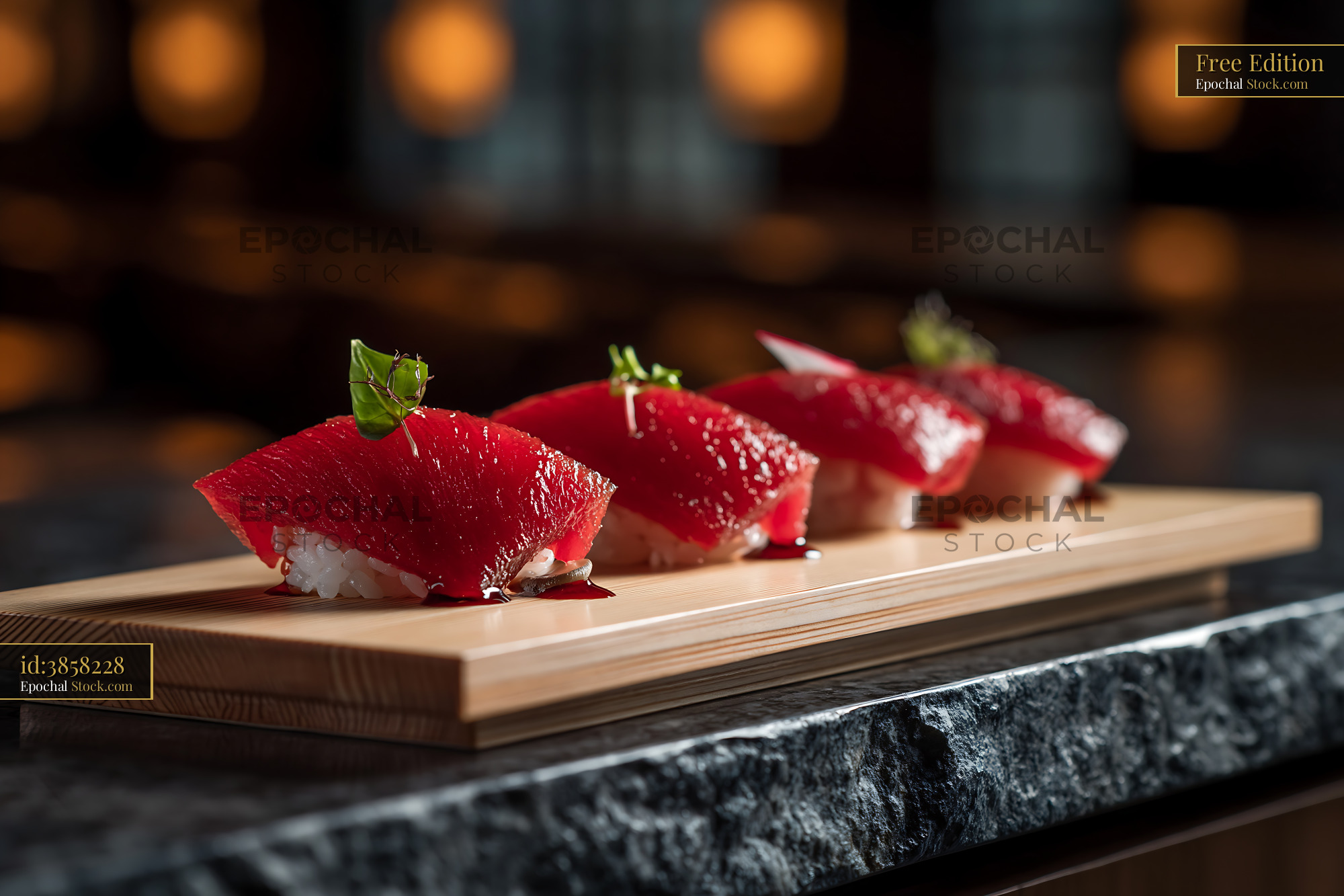 Vegan watermelon tuna sushi nigiri served on a wooden board - stock photo