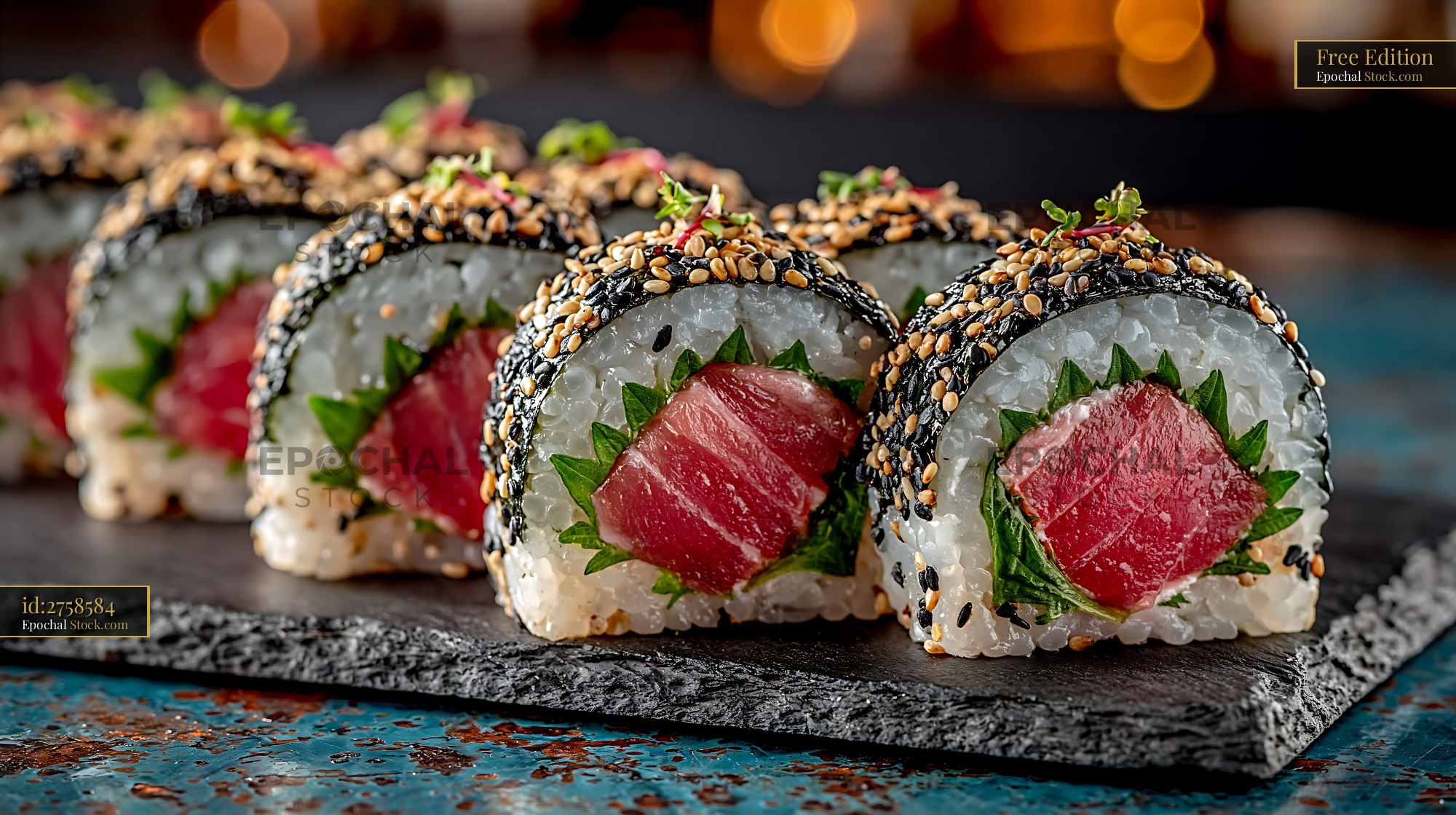 Shiso leaf uramaki sushi with fresh tuna and sesame seeds - stock photo
