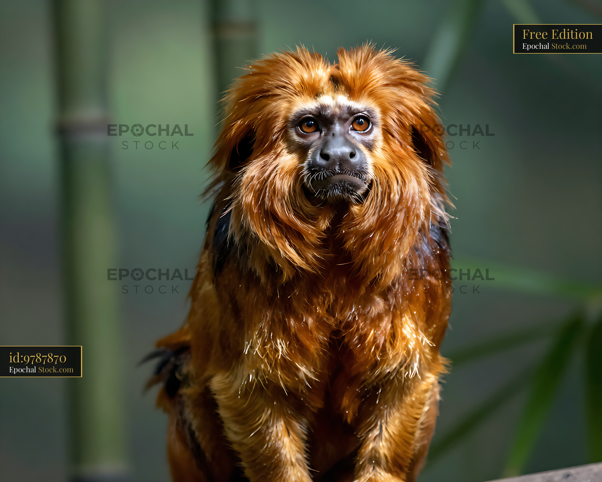 Golden lion tamarin with vibrant orange fur in a bamboo forest - stock photo