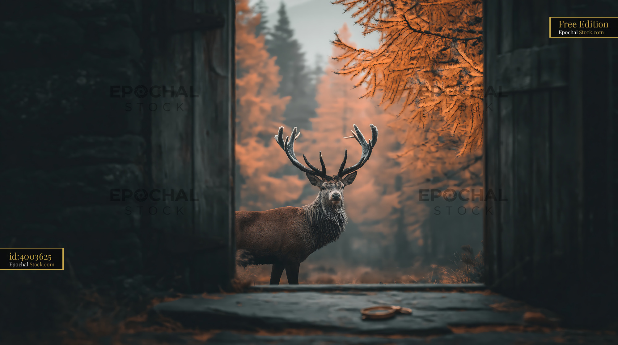 Red deer stag in misty orange autumn woods seen through a doorway - stock photo