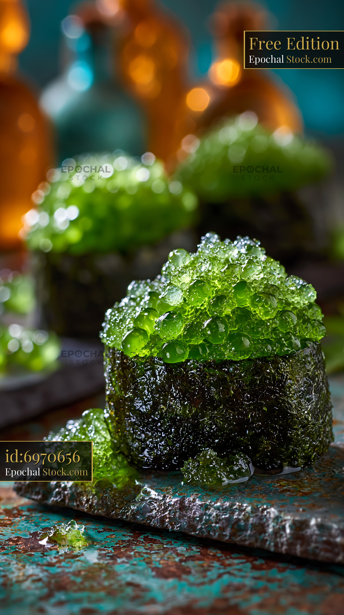 Umi budo sushi with vibrant green sea grapes on nori seaweed - stock photo