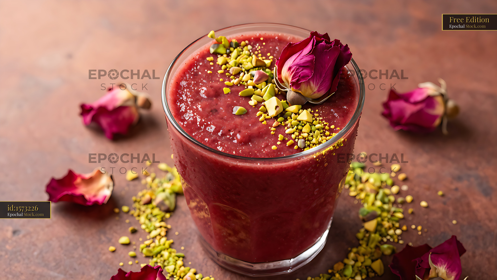 Barberry bloom smoothie with pistachios and dried rose petals - stock photo