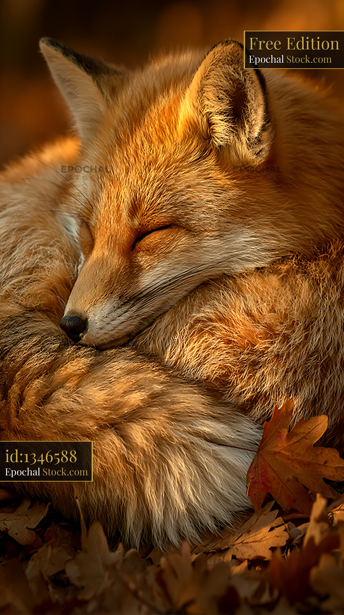 Red fox curled up and sleeping on golden autumn leaves in the forest - stock photo