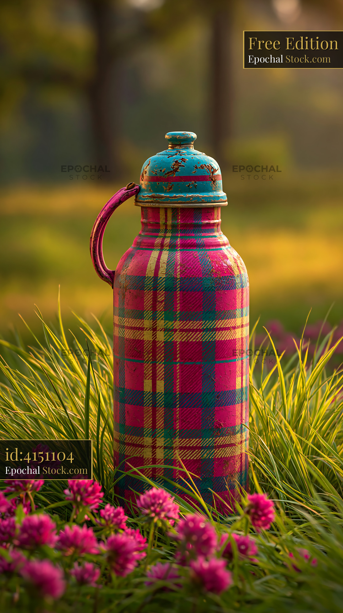 Vintage thermos with pink tartan pattern standing in spring grass - stock photo