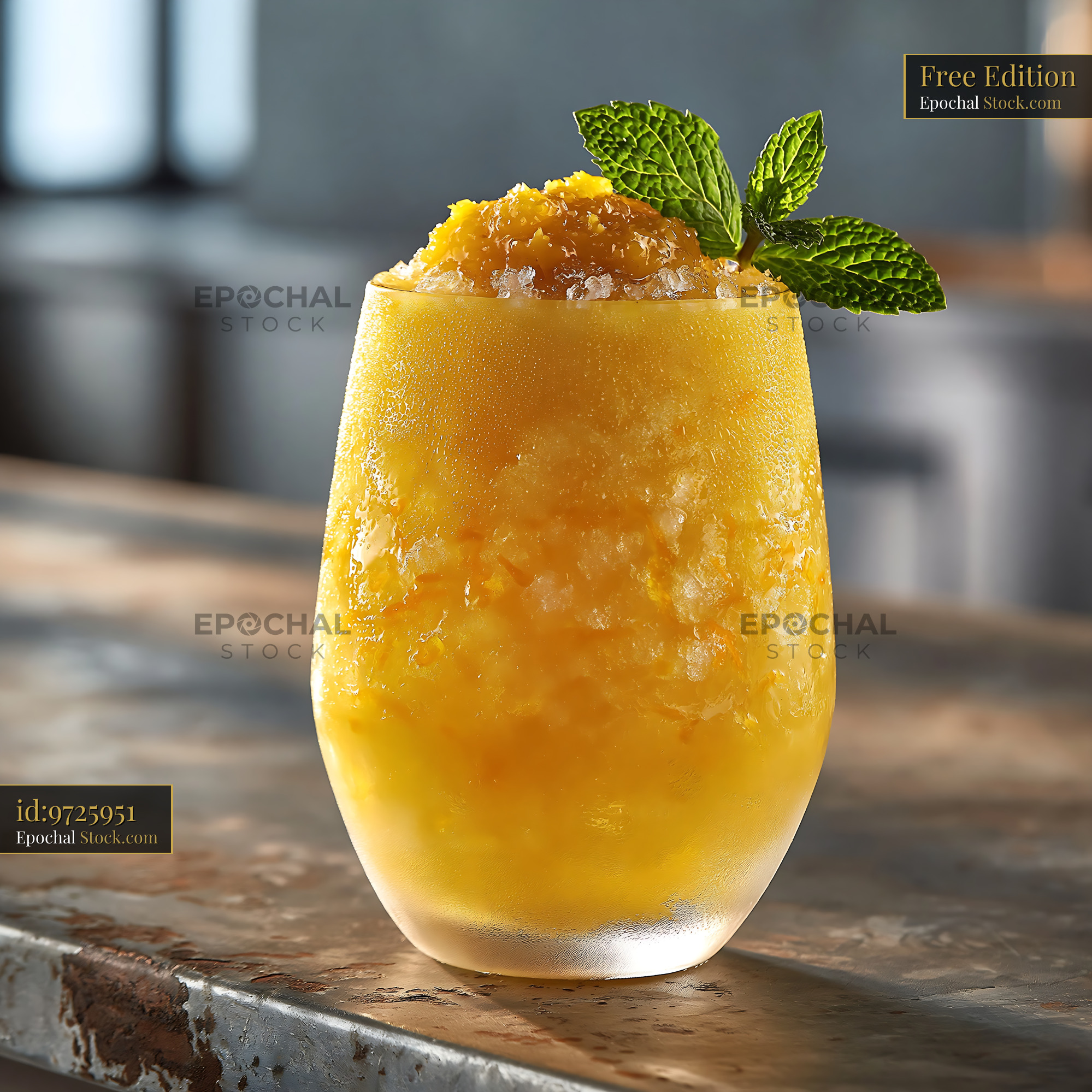 Yuja citron smoothie with fresh mint garnish on a rustic bar counter - stock photo