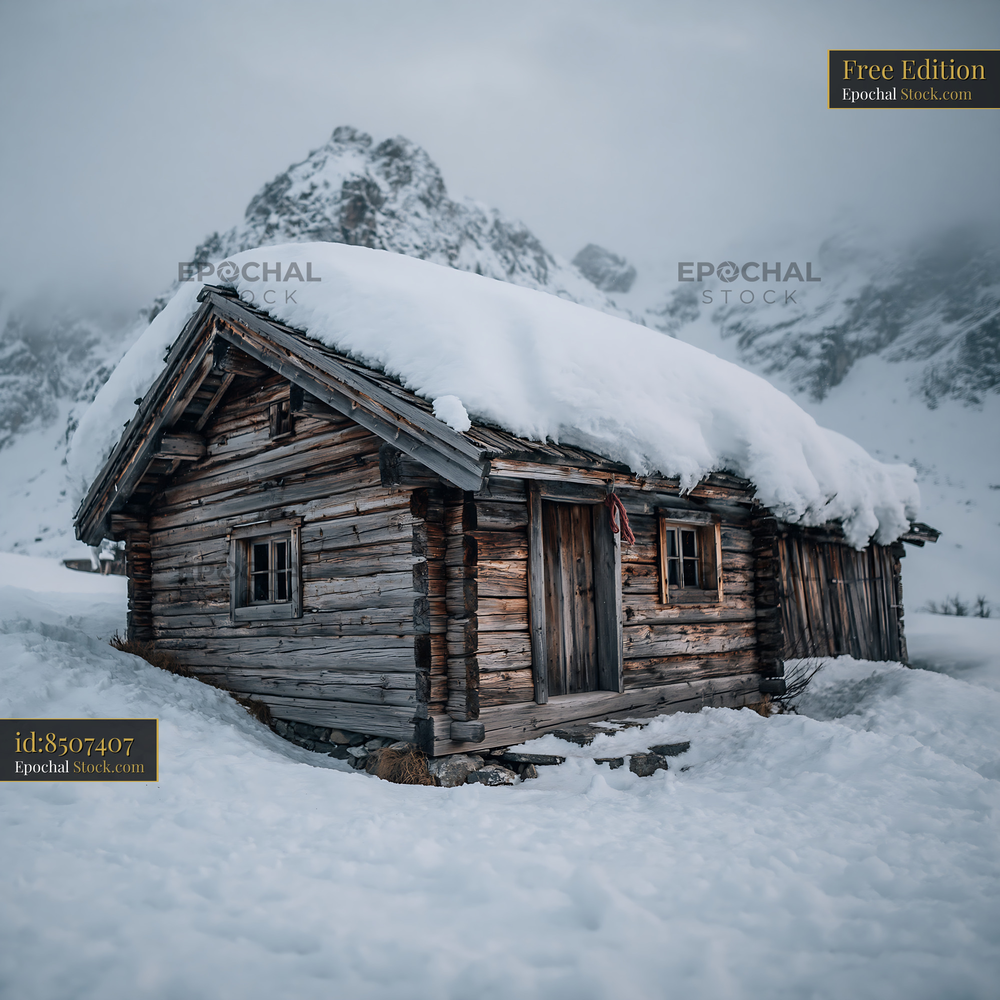 Rustic wooden cabin covered in deep snow in a winter mountain landscap - stock photo