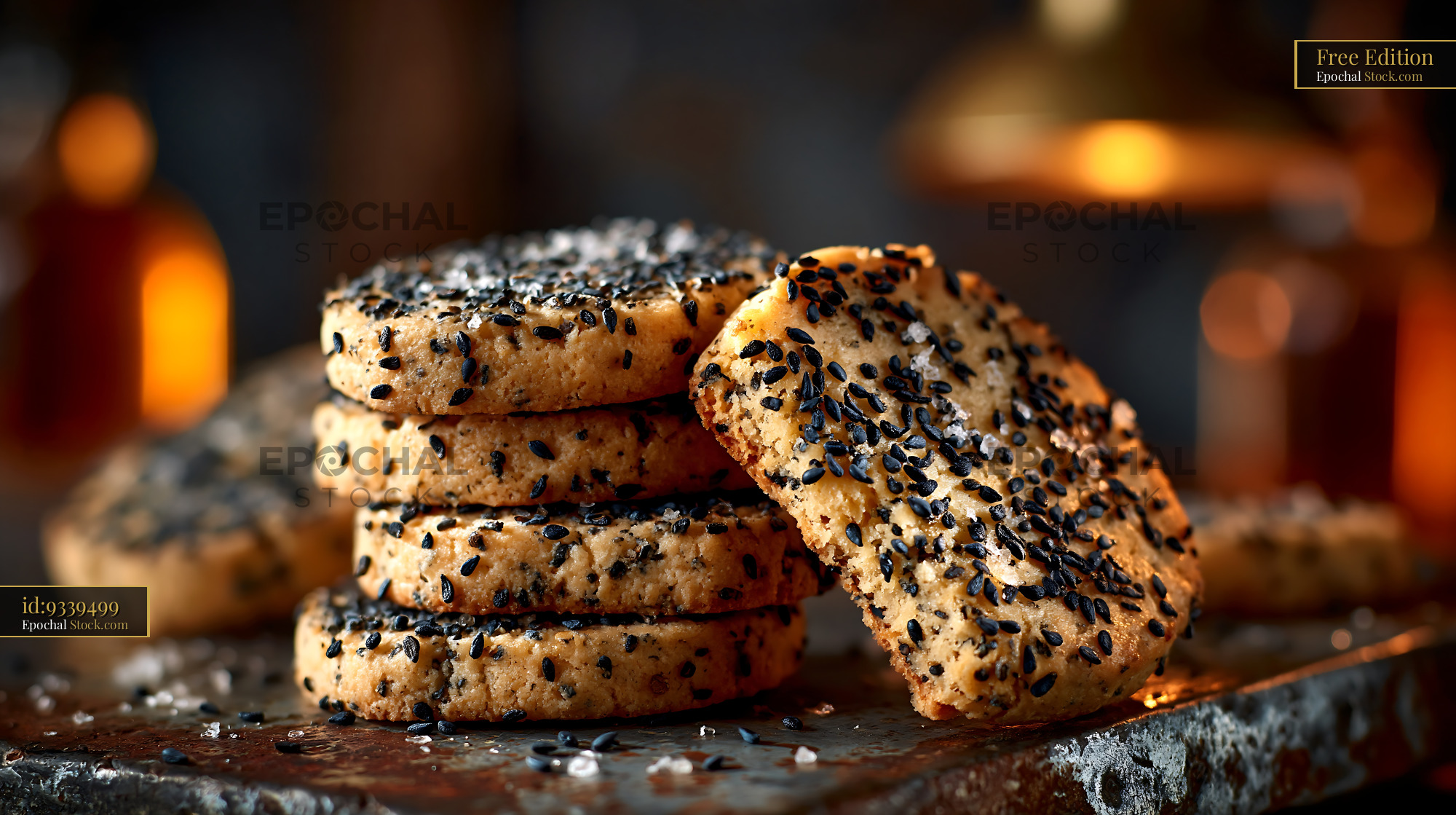 Stack of golden nigella seed biscuits with sea salt in warm light - stock photo