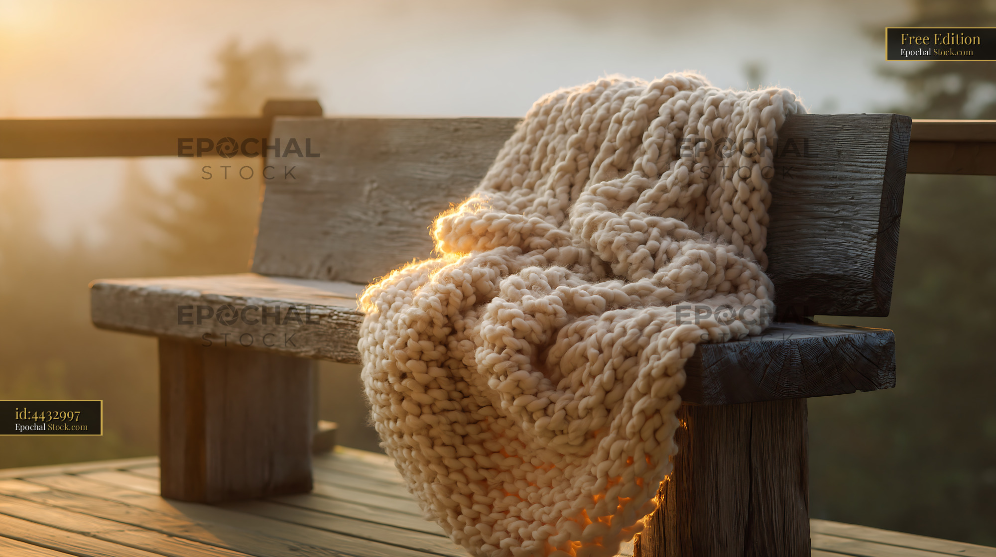 Rustic seating with throw on a wooden balcony at golden hour - stock photo