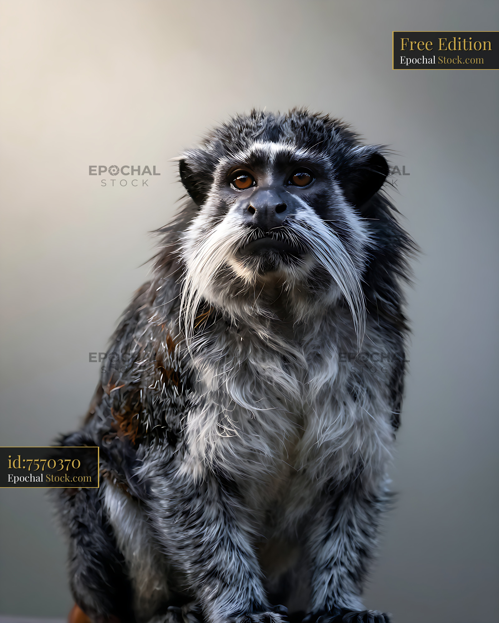 Emperor tamarin monkey with characteristic white mustache looking up - stock photo